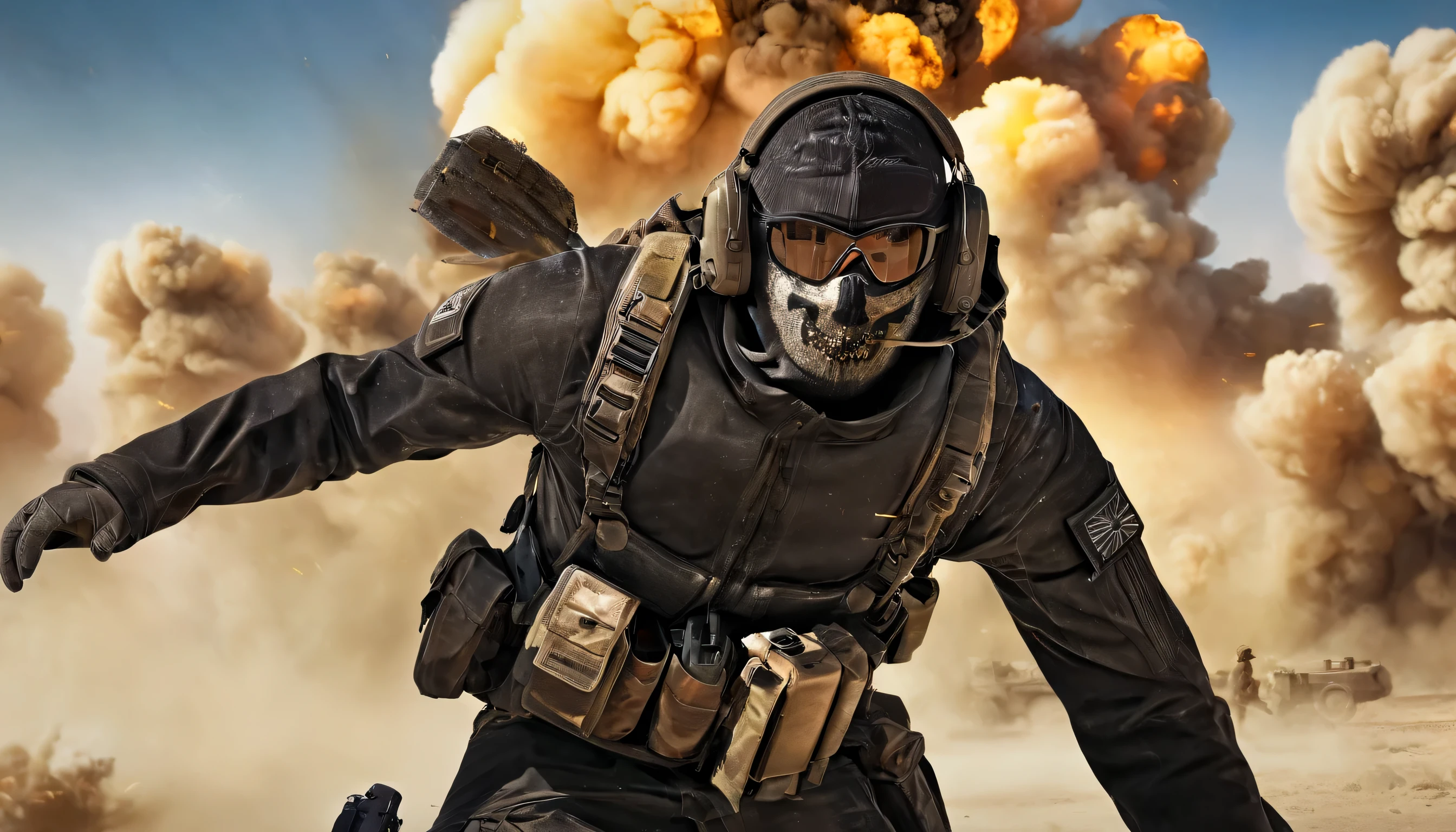 (((cinematic film still of Simon Ghost Riley a man in a black outfit holding a rifle modern warfare style))), ((Upper body selfie)), selfie with his cell phone, (((((distant nuclear explosion))))), (((World War))), (explosion,fire:1.2), (smoke:1.4), (((((desert))))), (RTX) cinematic film shot in 70mm, depth of field, vivid colors, (best quality,ultra-detalhado,Realistic:1.37), (8k, ARTISTIC photography, best quality, masterpiece: 1.2), (realistic, photorealistic:1.37), over-detailed, (high-detail skin: 1.2), 8k UHD, SLR camera, soft lighting, high quality, film grain, cinematic lighting, photonic display, brightness, physically rendered photo, (dynamic pose ), extremely high-quality graphics, over-detailed face, (((cinematic lighting))), ((clear details)),