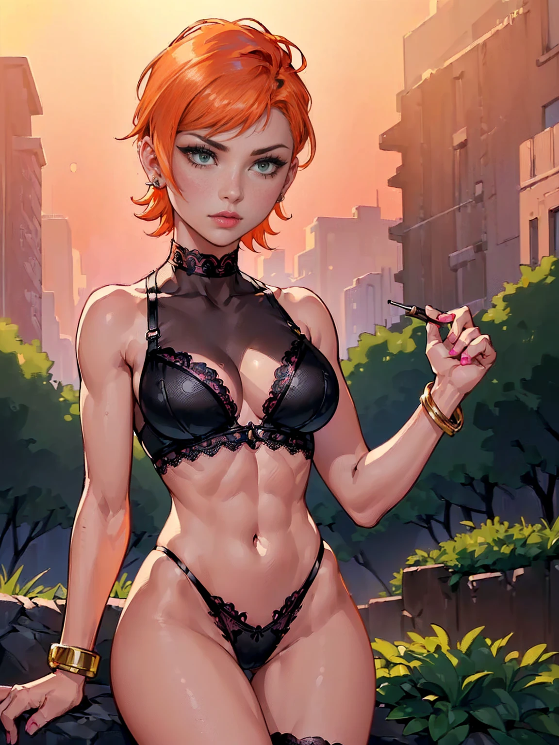 (((Green eyes, orange hair, short hair, shaved side, fitness, fitness body, muscular, pink lipstick))), ((ultra quality, swimsuit aside)), Gwen Tennyson, ((1girl, solo ,alone, gold bracelets, ruby earrings, ((solo, 1woman, pink lipstick, Extremely detailed, ambient soft lighting, 4k, perfect eyes, a perfect face, perfect lighting, a 1girl)), sensual, black sheer lace lingerie, black sheer tong, outdoors, legs open, shapely thighs