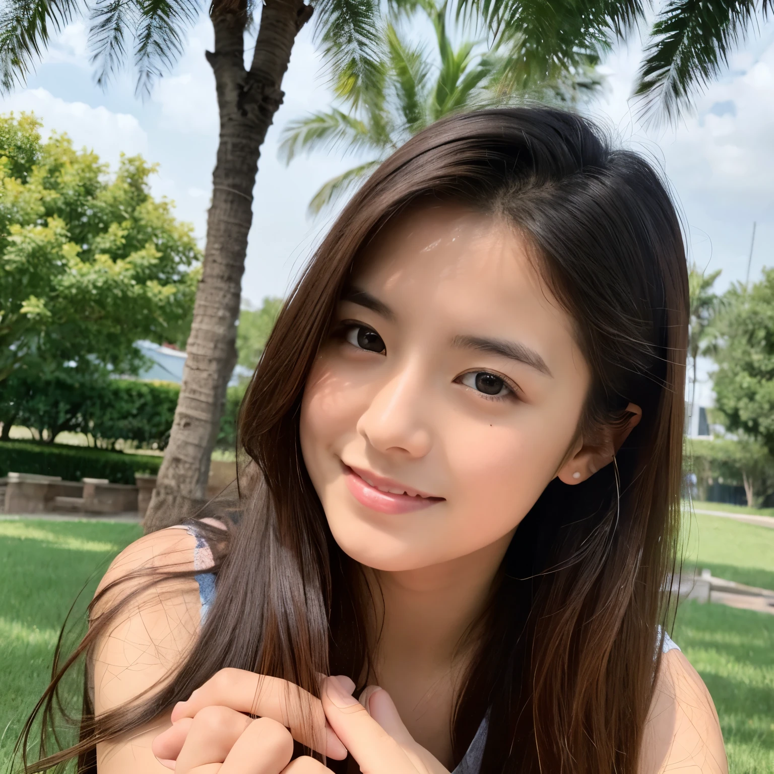 (masterpiece, Highest quality:1.1), (8k, RAW Photos, Photorealistic:1.2, f22), (Glowing Skin), Detailed skin, Detailed face, smilee,fine grain,Long Hair, break, Real World, (Very detailed, Cleavage), Intricate details, smile, One Girl, (Black T-shirt)、 (Overseas tourist attractions:1.4) 、(((Side angle)))