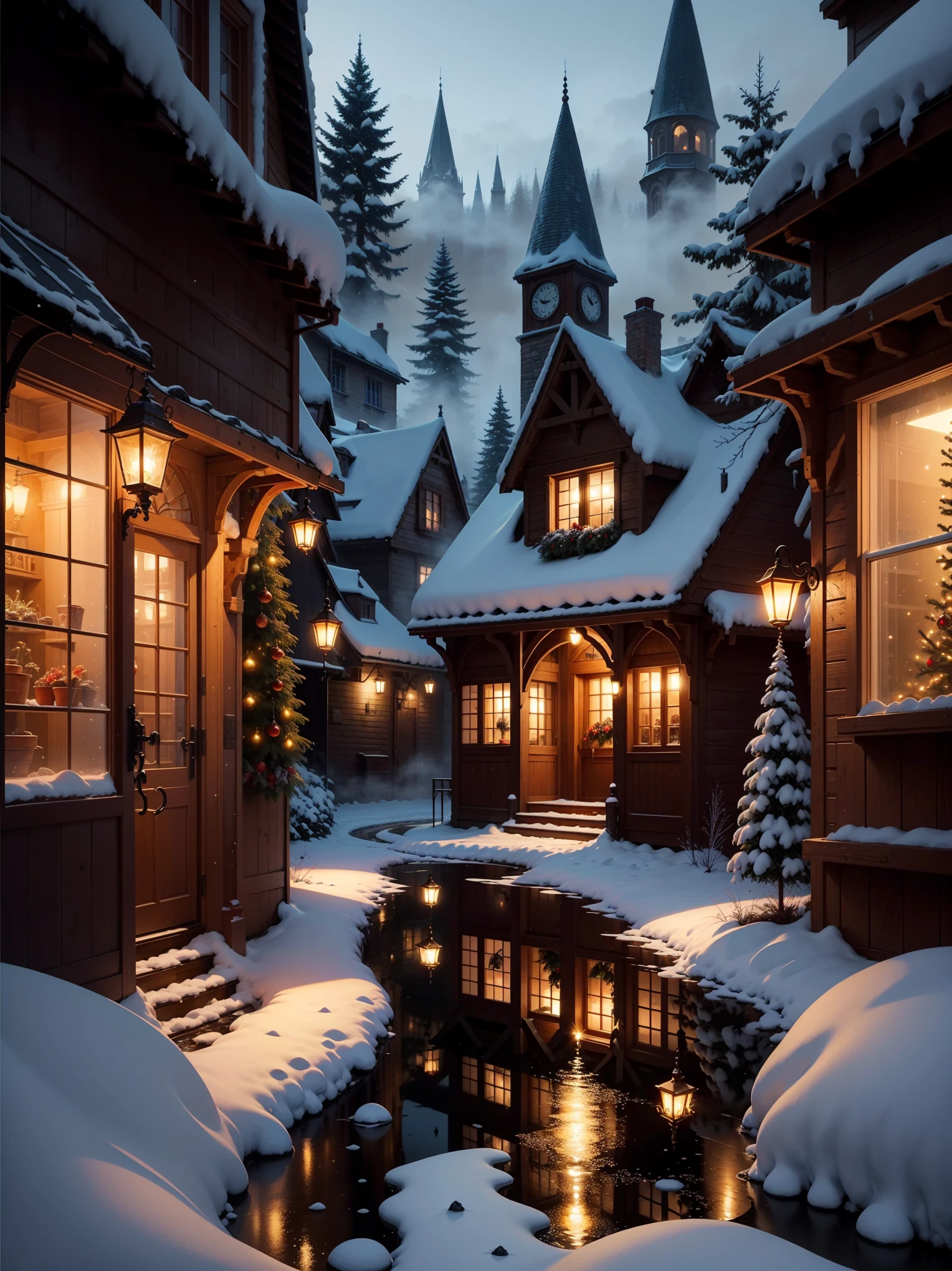 a watercolor painting, Christmas Eve in Paris, colorful christmas tree side view, Beautiful, Christmas night, foggy night, three dimensional effect, Snow, hyperrealistic, very detailed, fantasy art, Alley of an old English village, Colored lights, fireworks, Stone buildings, tavern, arcade, Stone steps, flower pots, planters, fog, mystical lighting, filigree, Sharp colors, golden hour, blurred background, wet on wet, flickering, Josephine Wall and Daniel Merriam, 8 k
