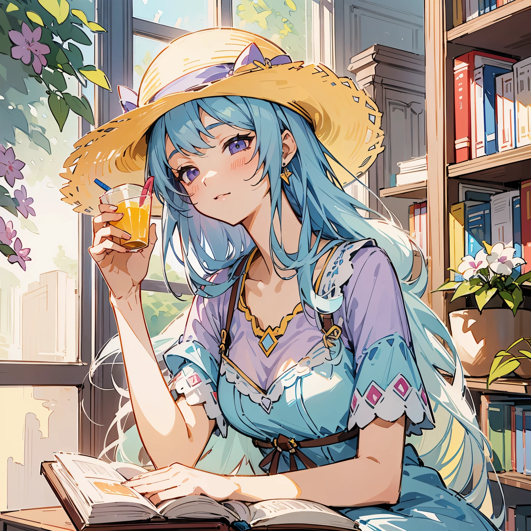 A beautiful young woman,long hair,Wear a sun hat,Listening to music with earplugs in ears,Wearing a lilac dress,Sitting by the library window,drinking a drink,read a book。Vista composition,full body picture,characters and scenes,Anime illustration style,watercolor style,Sketch portraits of people,high-definition,4k。