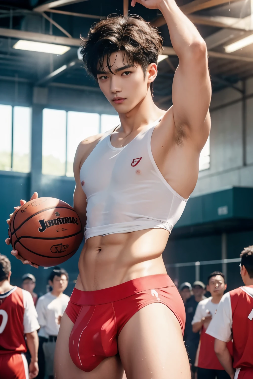 Tiny thong with big bulge, Red soaked basketball shirt, NO PANTS, CLOSED UP DETAILED, basketball player, playing basketball, wearing soaked basketball shirt, pull off shirt, ABS EXPOSED, Very wet body, very wet, basketball court court, wearing socks, naked just wearing red soaked thong, Showing off his very hairy armpits, Slim fit body, ager body, Shota, very cute boy face, 15 y, baby face, young kids, Very young teenager boy, Amg basketball court scenery, in the middle of Crowded basketball court court, he only wear Tiny see through red thong, crowded people, very hot sunny day, summer, dirty and wet court,  he wore a very small transparent see through thong covering half of his big hard dick, dickprint, Sweat dripping all over the body, sweat covering all over the body, Full body photo, wearing Very tiny thong, Proudly showing off his sweaty very hairy armpits to audience in music concert area, completely naked just wearing thin Tiny thong, very young boy, Cinematic soft lighting illuminates a stunningly detailed and ultra-realistic handsome korean male supermodel, ultra messy curly hair, clear honey eyes, captivating perfect smile, sensual, hot man, insanely handsome, showing off his sweaty body, very sixpack muscular body build, slender, toned, full body, 8k, photography, masterpiece, detailed face, detailed eyes, sexy, beautiful abdomen and beautiful legs and a detailed big hard bulge, expression of ecstasy, excited, slim, detailed eyes and lips, sixpack and fit body. Image quality is of the highest standard, with ultra-detailed features and a realistic appearance. The colors are bright and vibrant, enhancing the overall aesthetic. The lighting is soft and natural, casting a soft glow on the boy, don't merge body's