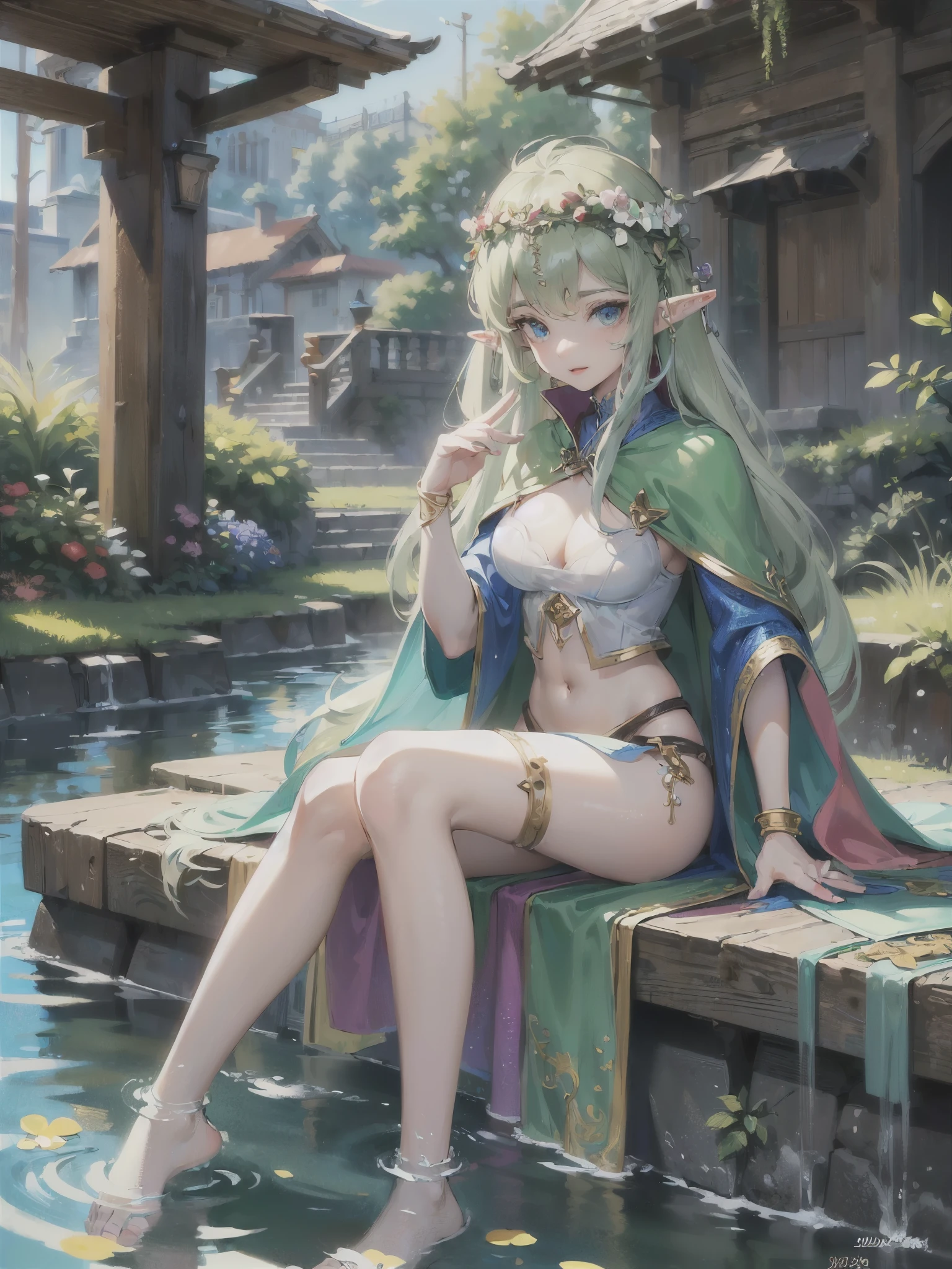 ((highest quality)),(ultra high resolution),(Super detailed),(detailed description),((best CG)),(best work of art),super precision art,amazing drawing art,(Fantasy art with precise details:1.5), (female elf:1.7),(long tied hair:1.4),(Frugal cloth clothes:1.5)smile:1.5,clear:1.6, bathing in a spring:1.7
