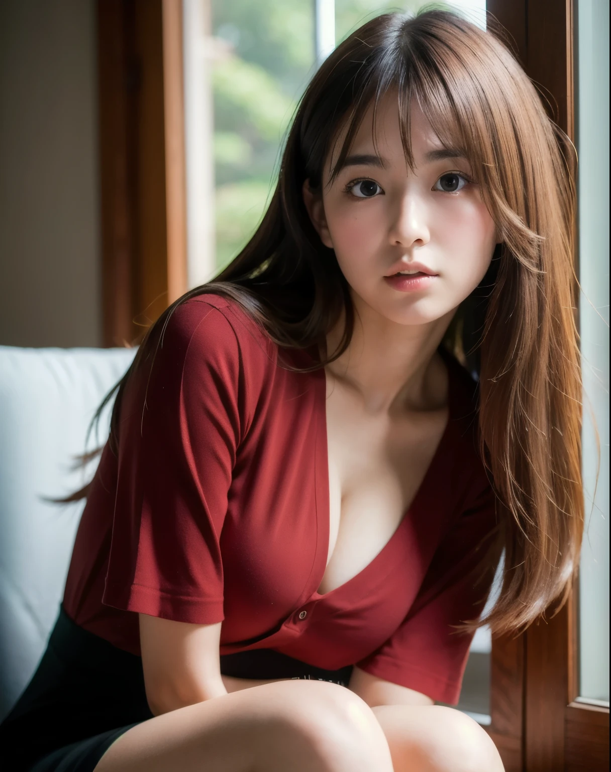 best quality, Face focus, soft light, Ultra high resolution, (realistic:1.4), raw photos,
1 Japanese girl, alone, cute, (student, Light enters the eyes), Beautiful, detailed face, (small breasts),(High resolution details of human surface.),
(long hair),
indoor,
Dark red shirt dress,
(Portrait)