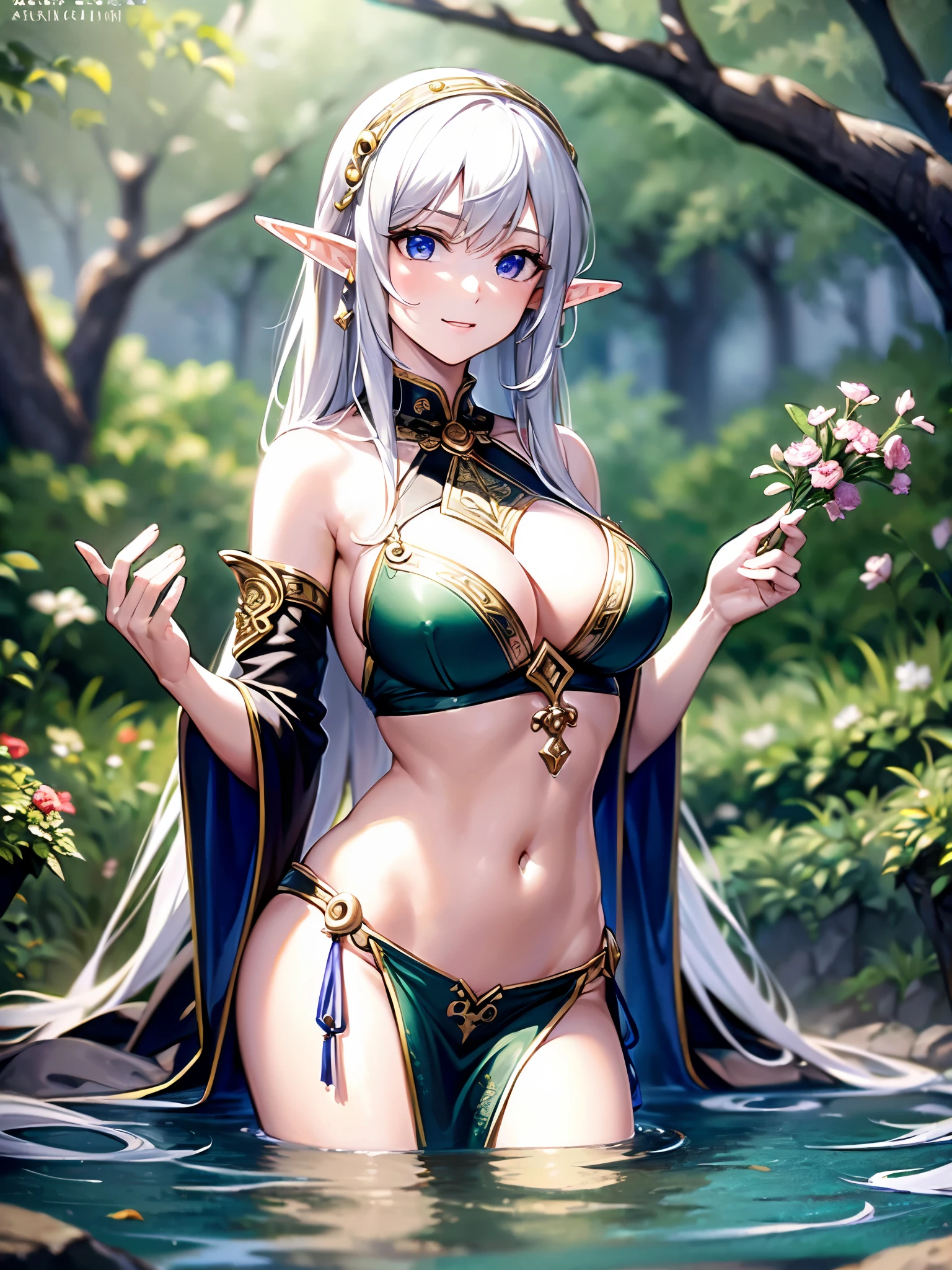 ((highest quality)),(ultra high resolution),(Super detailed),(detailed description),((best CG)),(best work of art),super precision art,amazing drawing art,(Fantasy art with precise details:1.5), (female elf:1.7),(long tied hair:1.4),(Frugal cloth clothes:1.5)smile:1.5,clear:1.6, bathing in a spring:1.7