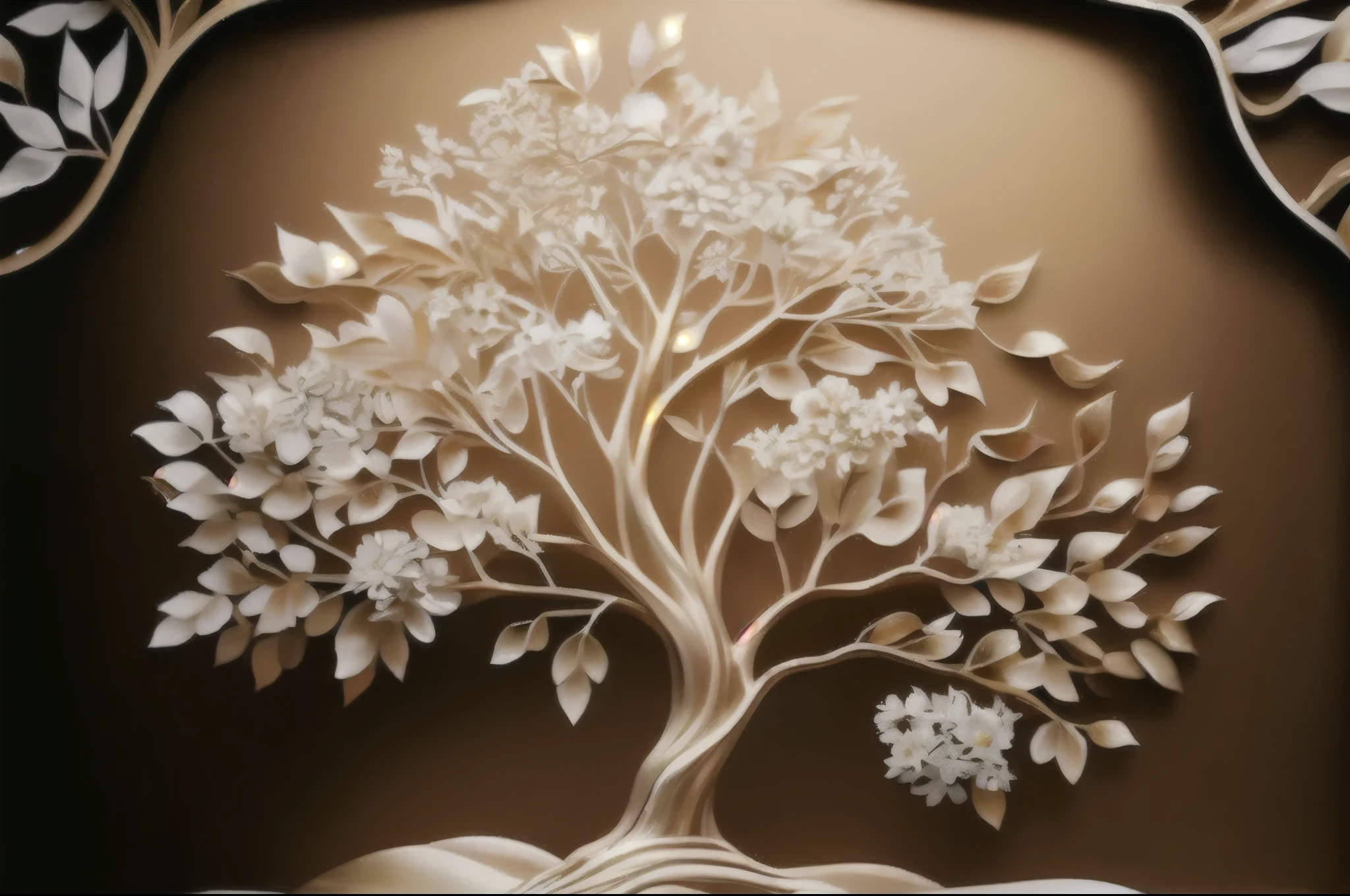 a close-up of a decorative tree with white flowers on a brown background, golden sacred tree, the tree of Life, tree of Life, arte complexawork, A beautiful tree, lindo design, very arte complexa, Exquisite rendering, intricate 3d illustration, masterful arte complexawork, Arte digital 3D detalhada, rich tree, arte 3 d altamente detalhada, arte complexa, Linda arte