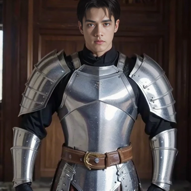 MALE BOY. Use plate armor, intricate design and details, dramatic ligths, Ultra-realistic realism, Kinematic,8k. A handsome muscular young man, (1 man) perfectly proportioned slim body, with luminous golden hair and golden eyes resembling stars, standing at a height of 2 meters. He wears an armor made of unrefined black crystals that seem to contain a galaxy inside, fitting the body of him. He adopts a heroic pose, Look down from the top of a mountain with a serene gaze, while watching an army of demons on the slopes of the mountain. Kinematic, luci, Detailed face. (((Male))) (Muscular male) (Handsome man)