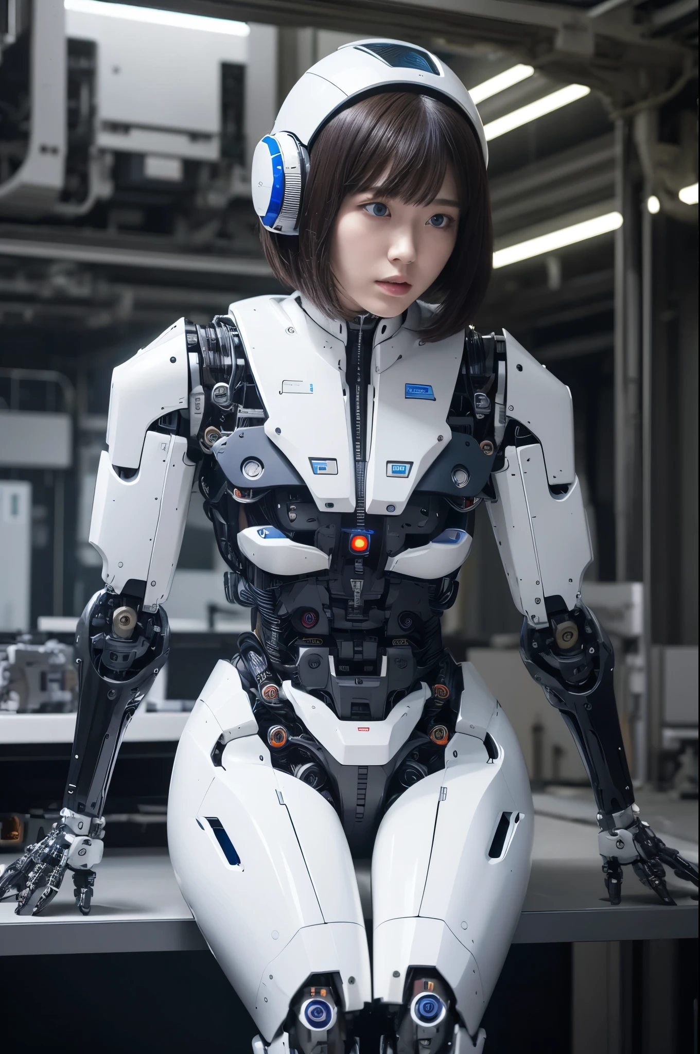 masterpiece, best quality, extremely detailed, 8k portrait,Japaese android girl,Plump ,control panels,android,Droid,Mechanical Hand, Robot arms and legs,Blunt bangs,perfect robot girl,long tube,thick cable connected her neck,android,robot,humanoid,cyborg,japanese cyborg girl ,robot-assembly plant,white robot body,She has assembled now,assembly scene,chest monitor,blue eyes, 