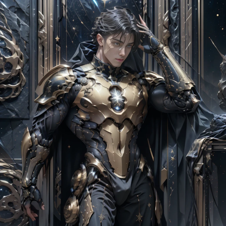 MALE BOY. Use plate armor, intricate design and details, dramatic ligths, Ultra-realistic realism, Kinematic，8k. A handsome muscular young man, (1 man) perfectly proportioned slim body, with luminous golden hair and golden eyes resembling stars, standing at a height of 2 meters. He wears an armor made of unrefined black crystals that seem to contain a galaxy inside, fitting the body of him. He adopts a heroic pose, Look down from the top of a mountain with a serene gaze, while watching an army of demons on the slopes of the mountain. Kinematic, luci, Detailed face. (((Male))) (Muscular male) (Handsome man)