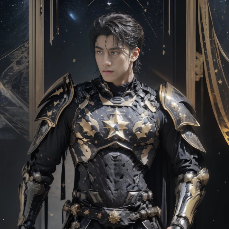 MALE BOY. Use plate armor, intricate design and details, dramatic ligths, Ultra-realistic realism, Kinematic，8k. A handsome muscular young man, (1 man) perfectly proportioned slim body, with luminous golden hair and golden eyes resembling stars, standing at a height of 2 meters. He wears an armor made of unrefined black crystals that seem to contain a galaxy inside, fitting the body of him. He adopts a heroic pose, Look down from the top of a mountain with a serene gaze, while watching an army of demons on the slopes of the mountain. Kinematic, luci, Detailed face. (((Male))) (Muscular male) (Handsome man)