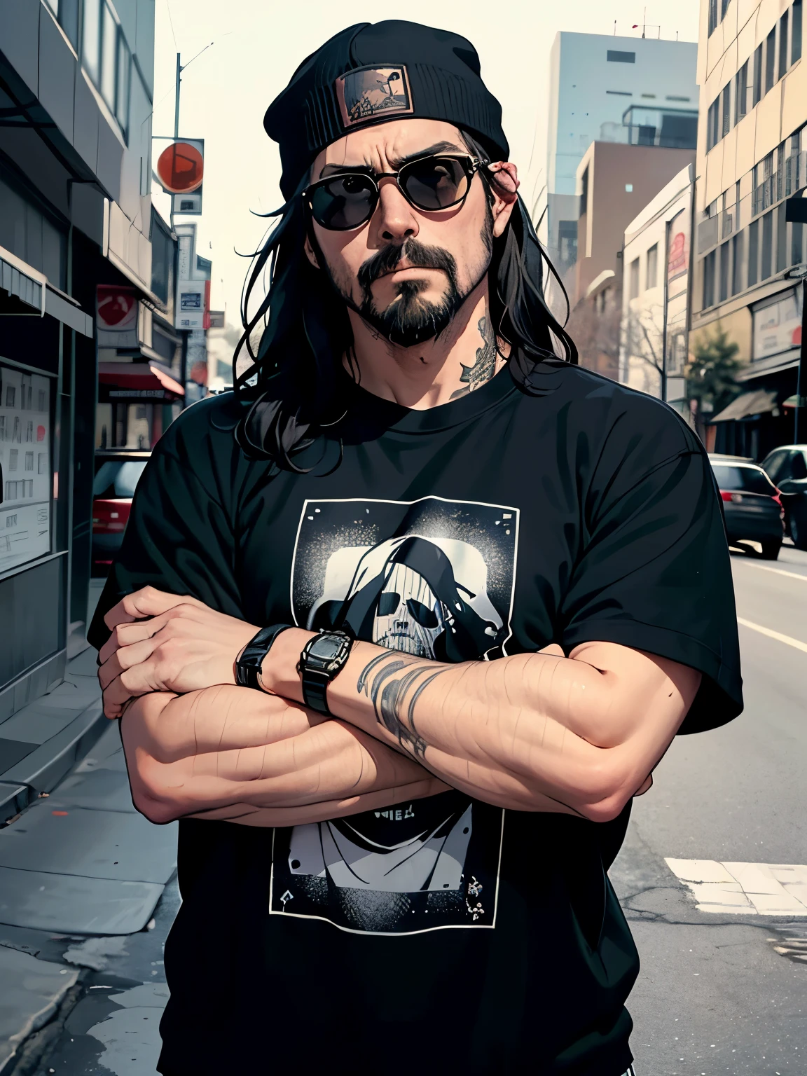 1 guy, about 37 years old, with a beard and a black shirt and sweatshirt from a metallic rock band, wearing a black cap and strong sunglasses,em frente a um cartaz autoestrada to hell Dave Grohl, serious pose looking at the camera