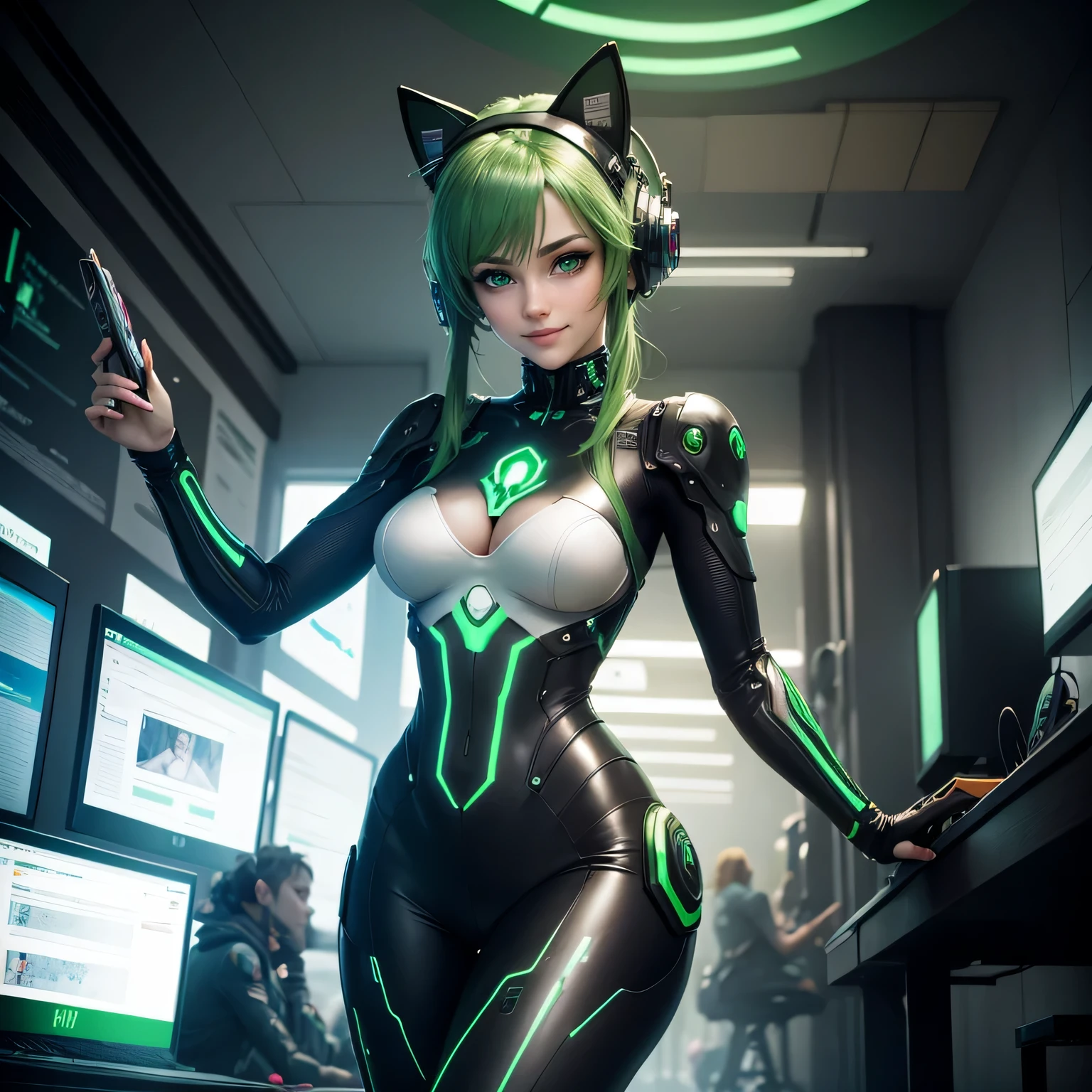 Beautiful woman green eyes with green hair smiling girl, wearing full body modest suit, working on computer, looking at display, robotic cat ears, dynamic pose, cyberpunk