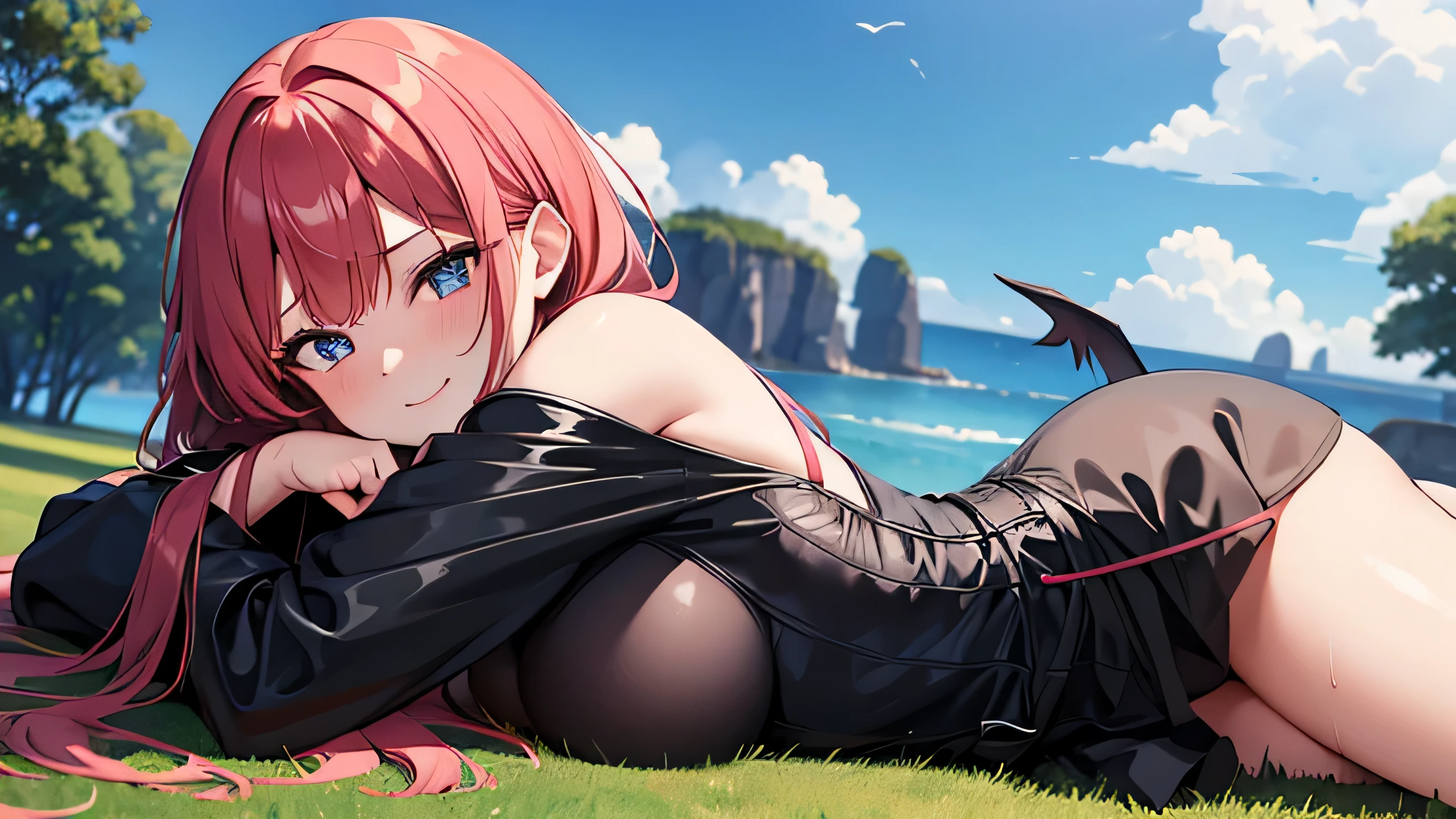 red hair girl, small girl, one girl, wedding dress, with black wings, goddess of darkness, black wings, angel, face on camera, tight shirt, show large chest, dark isekai, shy girl, pitiful face, face forward to camera, asking pose, pink cheeks, half body, body on big chain, smile, blue eyes, no nails, pink blushes, lying on grass, very big breast, cleavage, wet breast, leg_up, 4k, smooth, shiny wet cleavage, black wings on her back