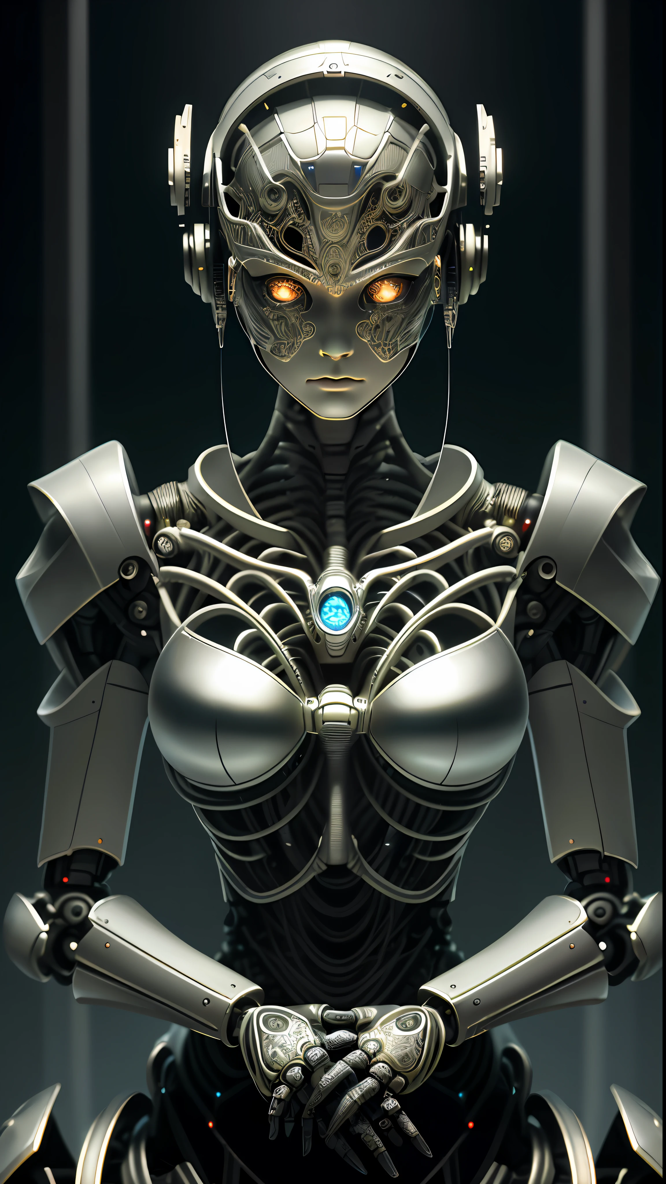 Complex 3d rendering of beautiful ceramic silhouette female robot face in great detail，droid，cyborg robot parts，150 mm，Beautiful studio soft light，rim-light，vibrant detail，Luxurious cyberpunk，Lace，ultra-realistic realism，parfect ???????，face muscles，Cable Electrical Wire，micro Chip，ellegance，beatiful background，rendering by octane，HR Giger style，8k，best qualtiy，tmasterpiece，illustratio，very fine and beautiful，The is very detailed，CG，unified，Wallpapers，（fidelity，fidelity：1.37），astounding，finedetail，tmasterpiece，best qualtiy，offcial art，The is very detailed的 CG unified 8k Wallpapers，absurderes，Incredibly Ridiculous res，droid，Silver helmet，full bodyesbian，sitted，tattoo