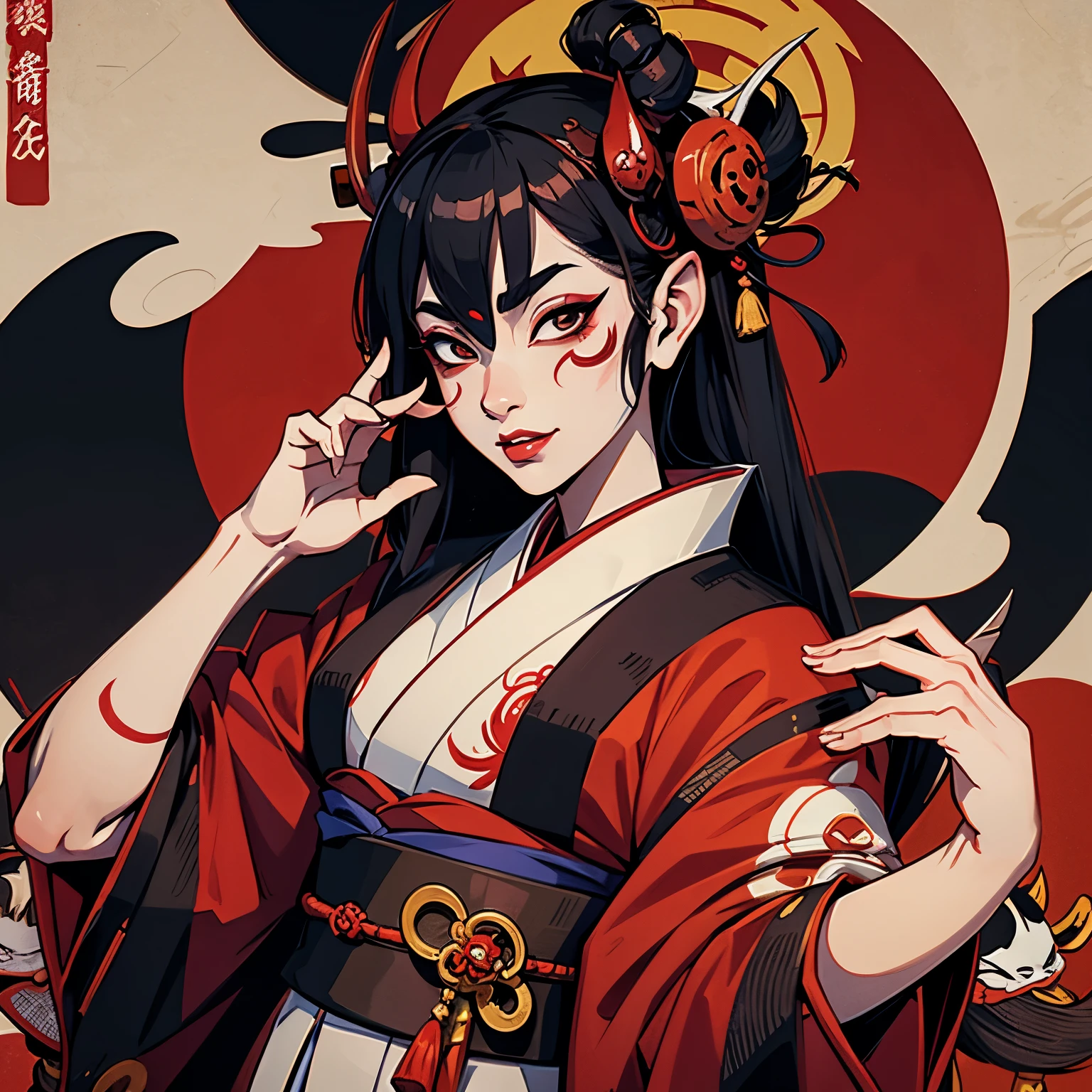 Gueisha using hannya mask, style traditional japanese illustration, 2d illustration
