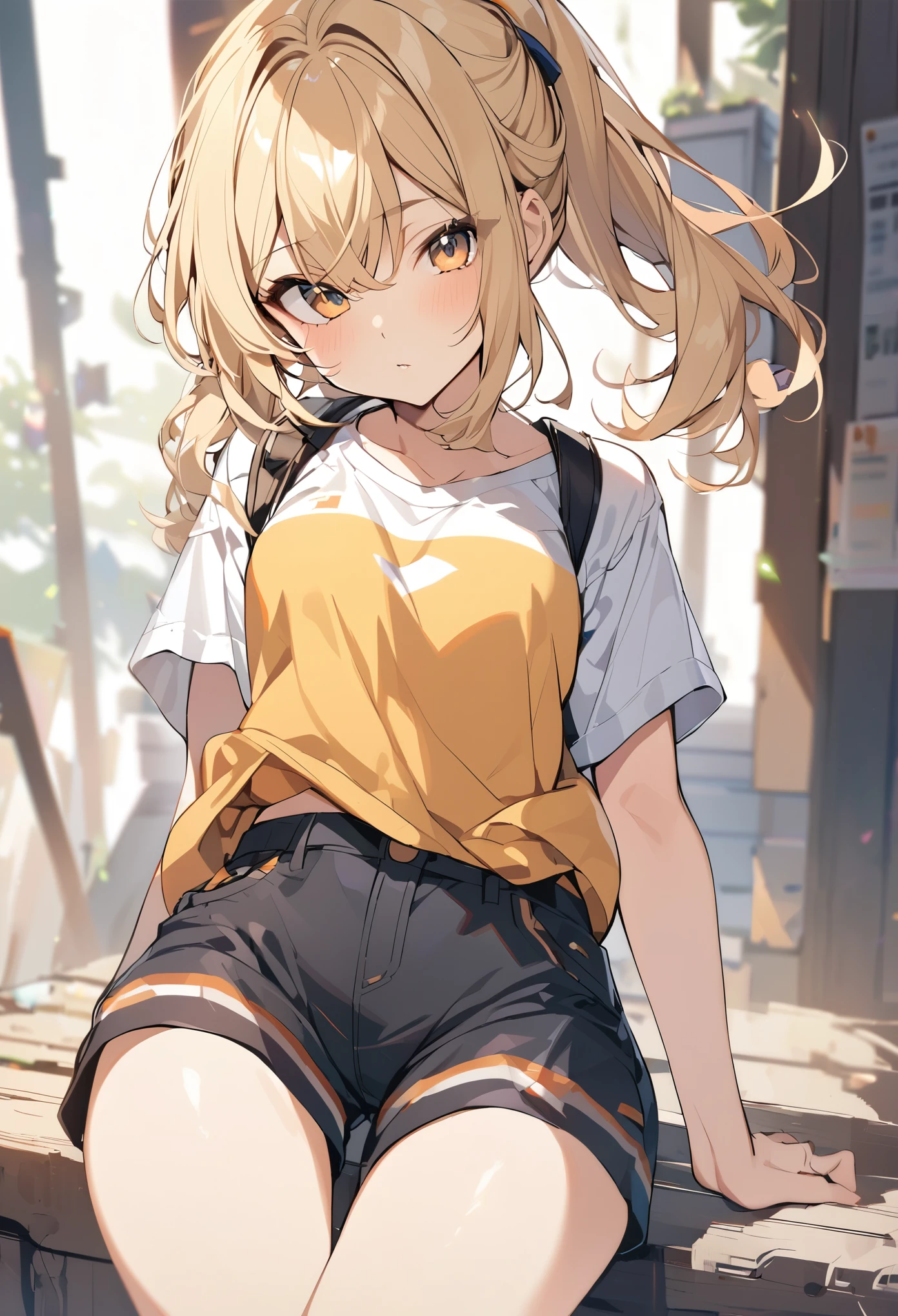 young girl,blonde,long,shorts,average chest