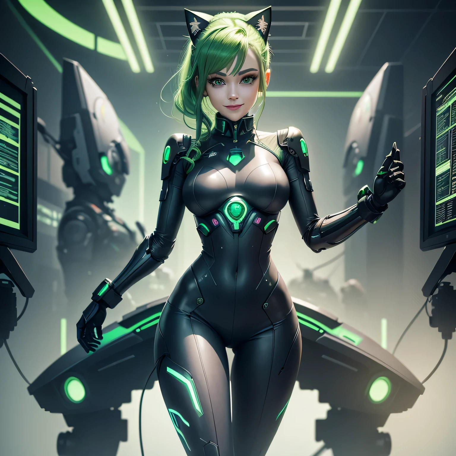 Beautiful woman green eyes with green hair smiling happy girl, wearing full body modest suit, working on computer, looking at display, robotic cat ears, dynamic pose, cyberpunk