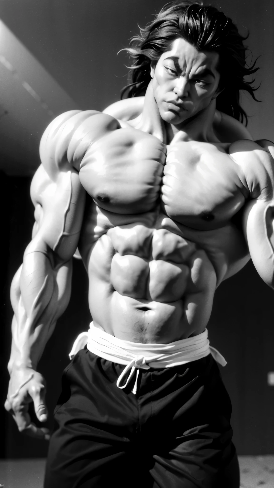 ((((Yuujiro)))) a man with massive muscle from anime Baki, extra detailed muscle, super saiyan, red long hair, scary face, red eyes, serious, focus, topless, background destroy town