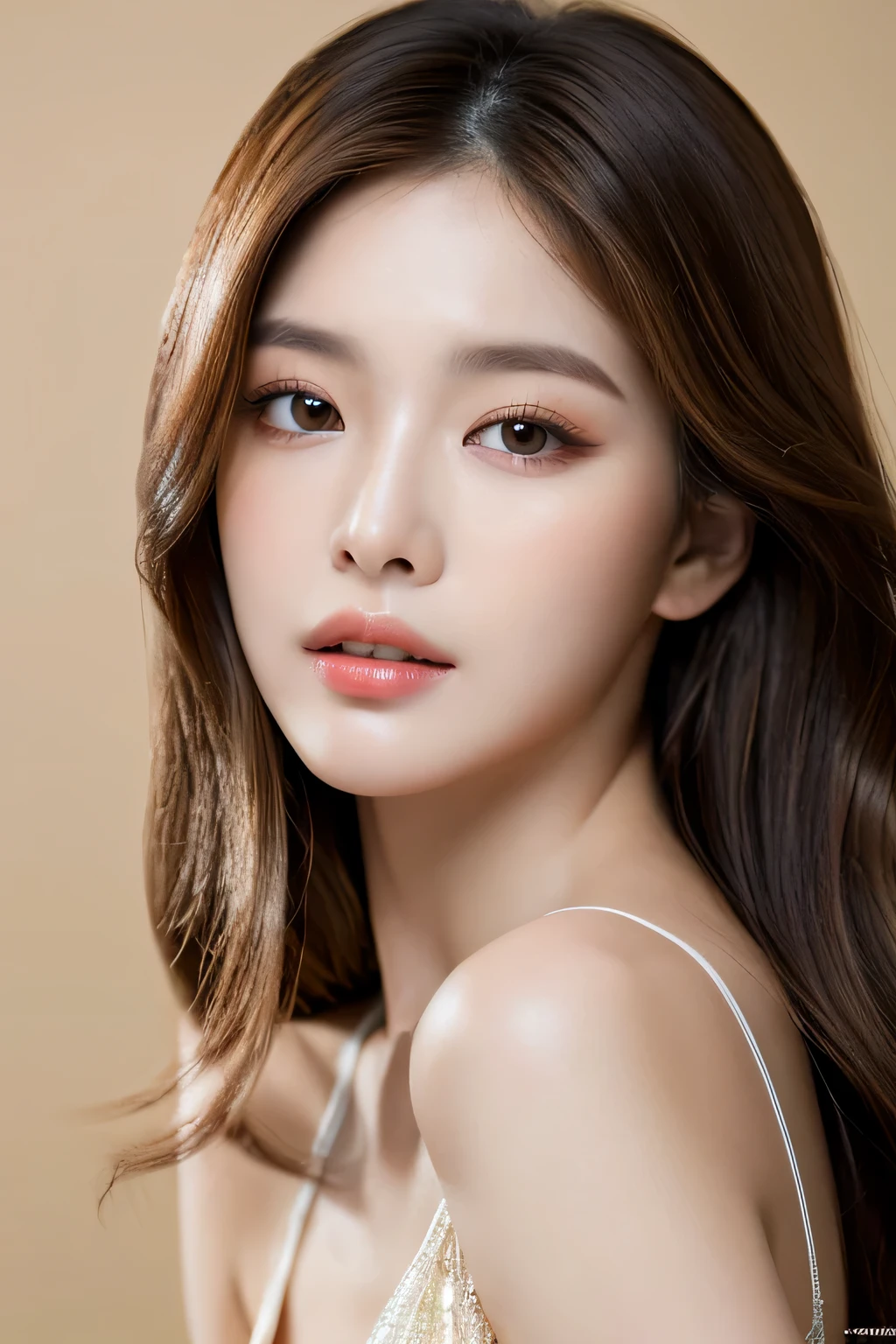 ((best quality, 8 thousand, masterpiece :1.3)), Attractive 20-year-old Korean woman with long hair, shiny brown hair: 1.4, sexy look: 1.2, (detailed facial features: 1.1), (Highly expressive eyes with double eyelids: 1.2), Slim jawline and high cheekbones: 1.3, ((Lovely lips with a subtle sheen: 1.1)), top quality, masterpiece, high resolution, realistic, raw photo, 8K wallpapers, flawless complexion, professionally lit, very detailed, depth