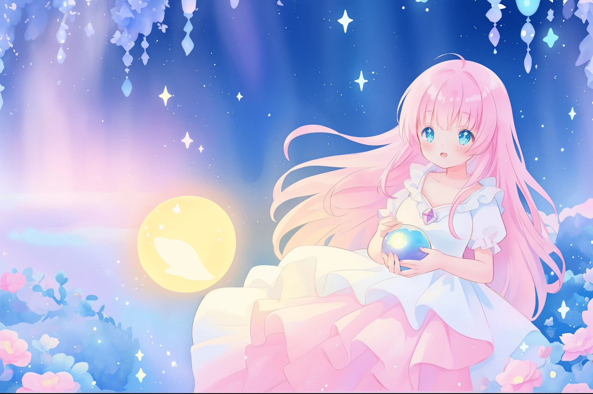 beautiful girl in sparkling white dress holding a magical sphere, ((sparkling puffy layered ballgown)), (magical, whimsical), (glowing magical orb), long flowing colorful hair, colorful fantasia background, watercolor illustration, disney art style, glowing aura around her, glowing lights, beautiful digital illustration, fantasia otherworldly landscape plants flowers, beautiful, masterpiece, best quality, anime disney style
