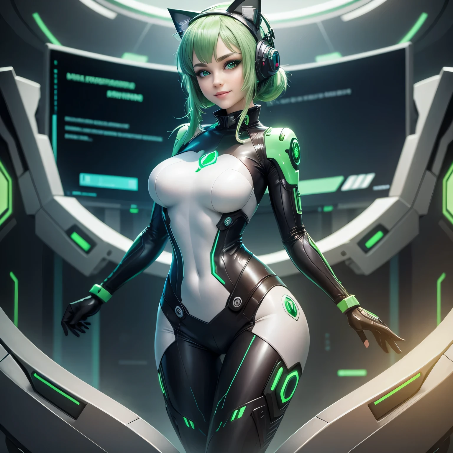 Beautiful woman green eyes with green hair smiling happy girl, wearing full body modest suit, working on computer, looking at display, robotic cat ears, dynamic pose, cyberpunk