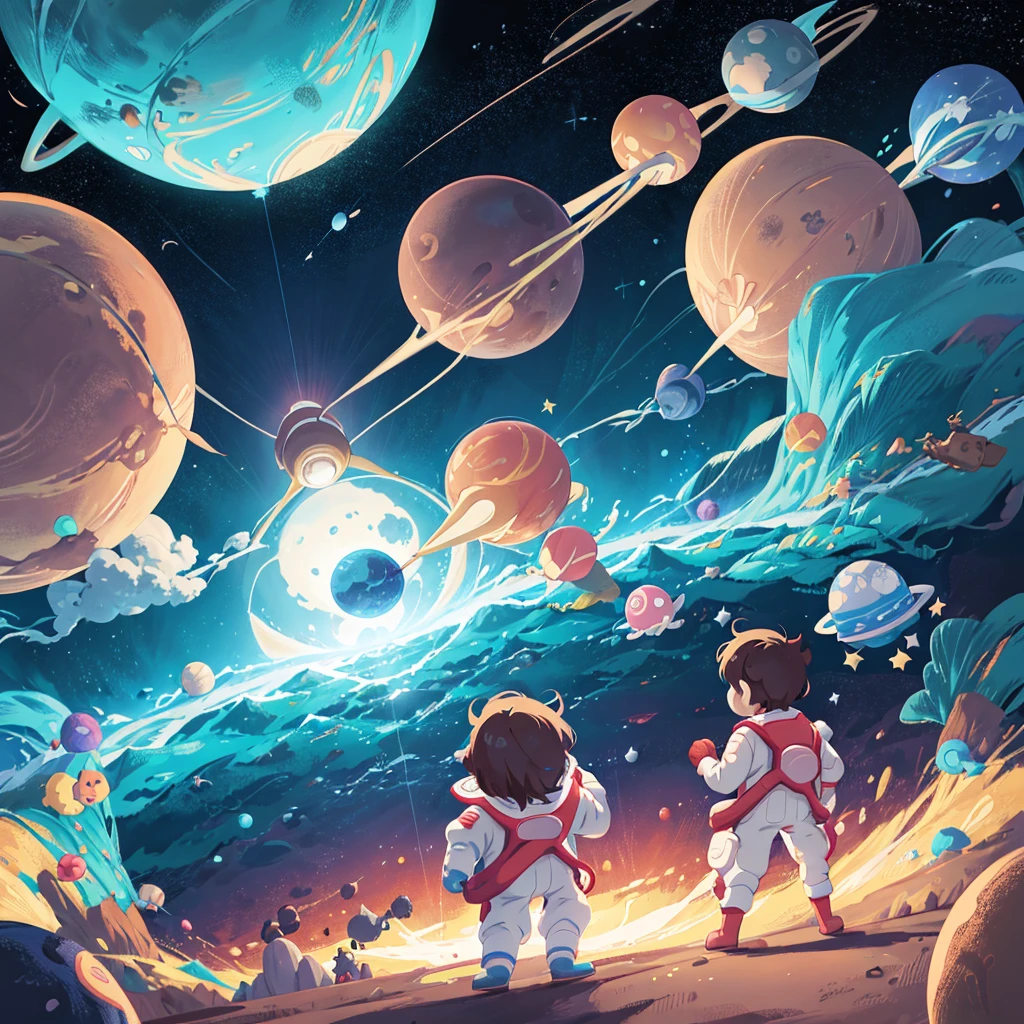 cartoon about a group of people, standing around the globe on a space theme, Photo by Kurzgesagt, space background, planet earth background, planets behind, Background is space, flat background, astronauts and space colonies, colorful kids book illustration, background image, floating near the planets, universe background, flat illustration, random background scene, Space travel