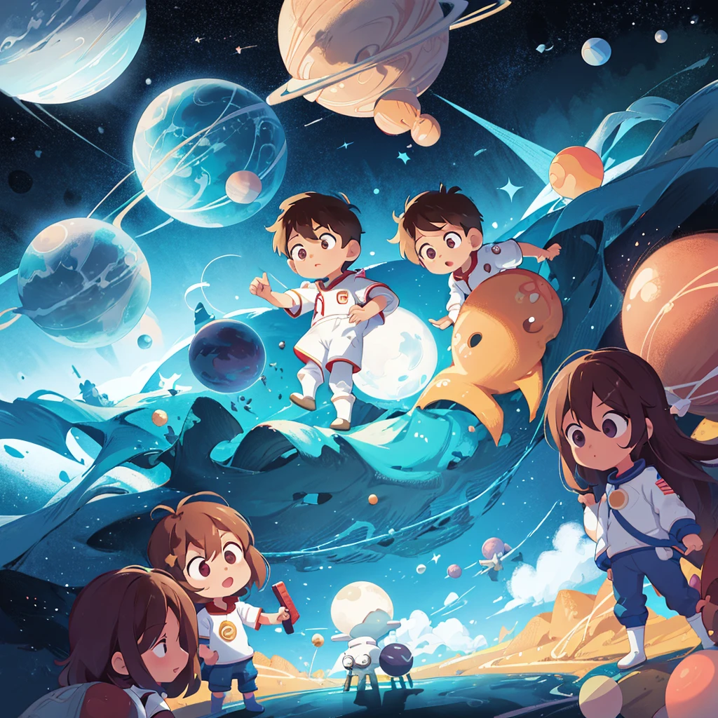 cartoon about a group of people, standing around the globe on a space theme, Photo by Kurzgesagt, space background, planet earth background, planets behind, Background is space, flat background, astronauts and space colonies, colorful kids book illustration, background image, floating near the planets, universe background, flat illustration, random background scene, Space travel