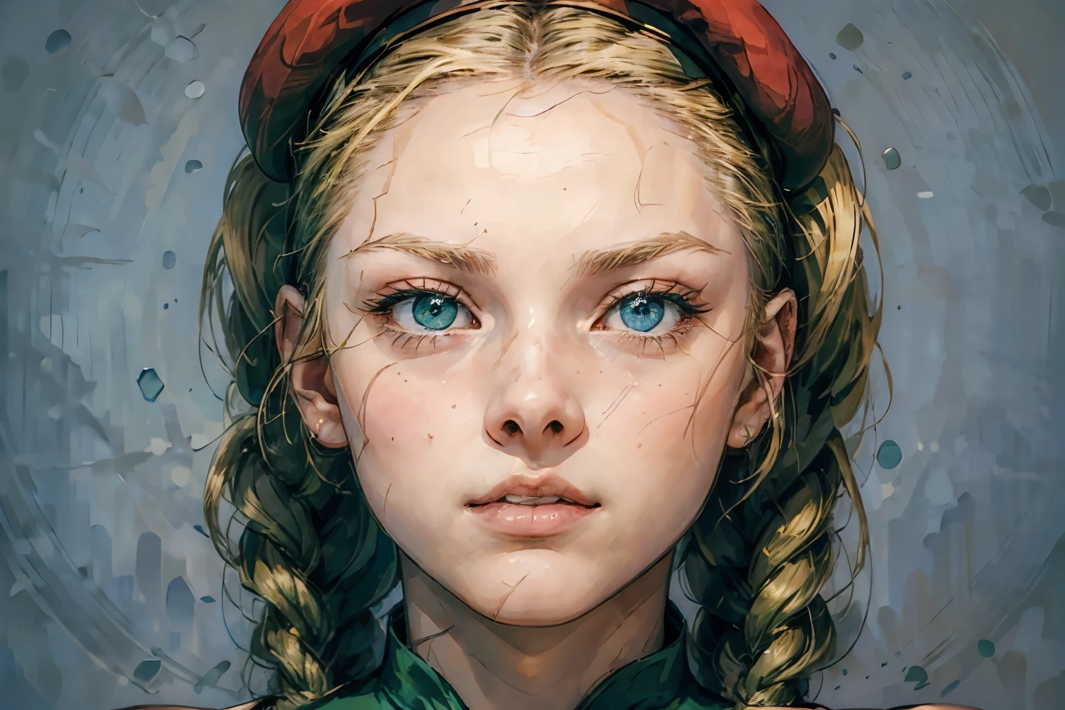 ((Portrait of teen Cammy white biting her lip seductively)), detailed face, piercing blue eyes, green leotard, blonde hair, twin braids, pigtails, red beret, scar on cheek, 1girl, attractive face, sexy, Masterpiece, best quality, UHD, 8k detailed, detailed eyes 