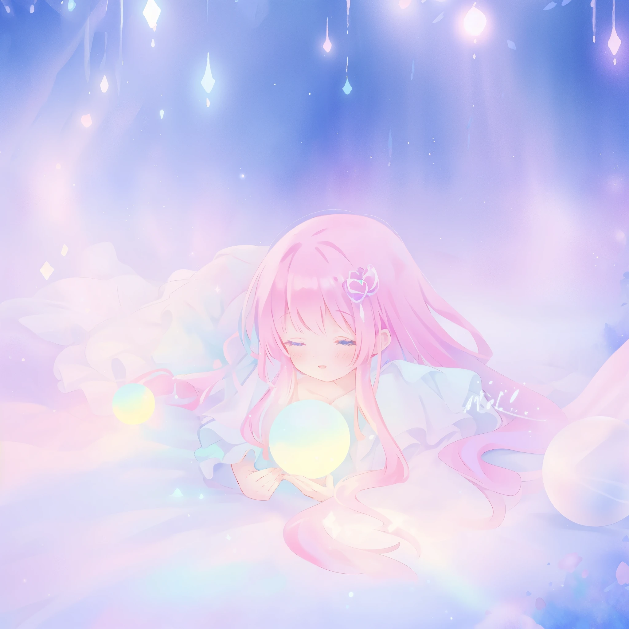 beautiful girl in sparkling white dress holding a magical sphere, ((sparkling puffy layered ballgown)), (magical, whimsical), (glowing magical orb), long flowing colorful hair, colorful fantasia background, watercolor illustration, disney art style, glowing aura around her, glowing lights, beautiful digital illustration, fantasia otherworldly landscape plants flowers, beautiful, masterpiece, best quality, anime disney style
