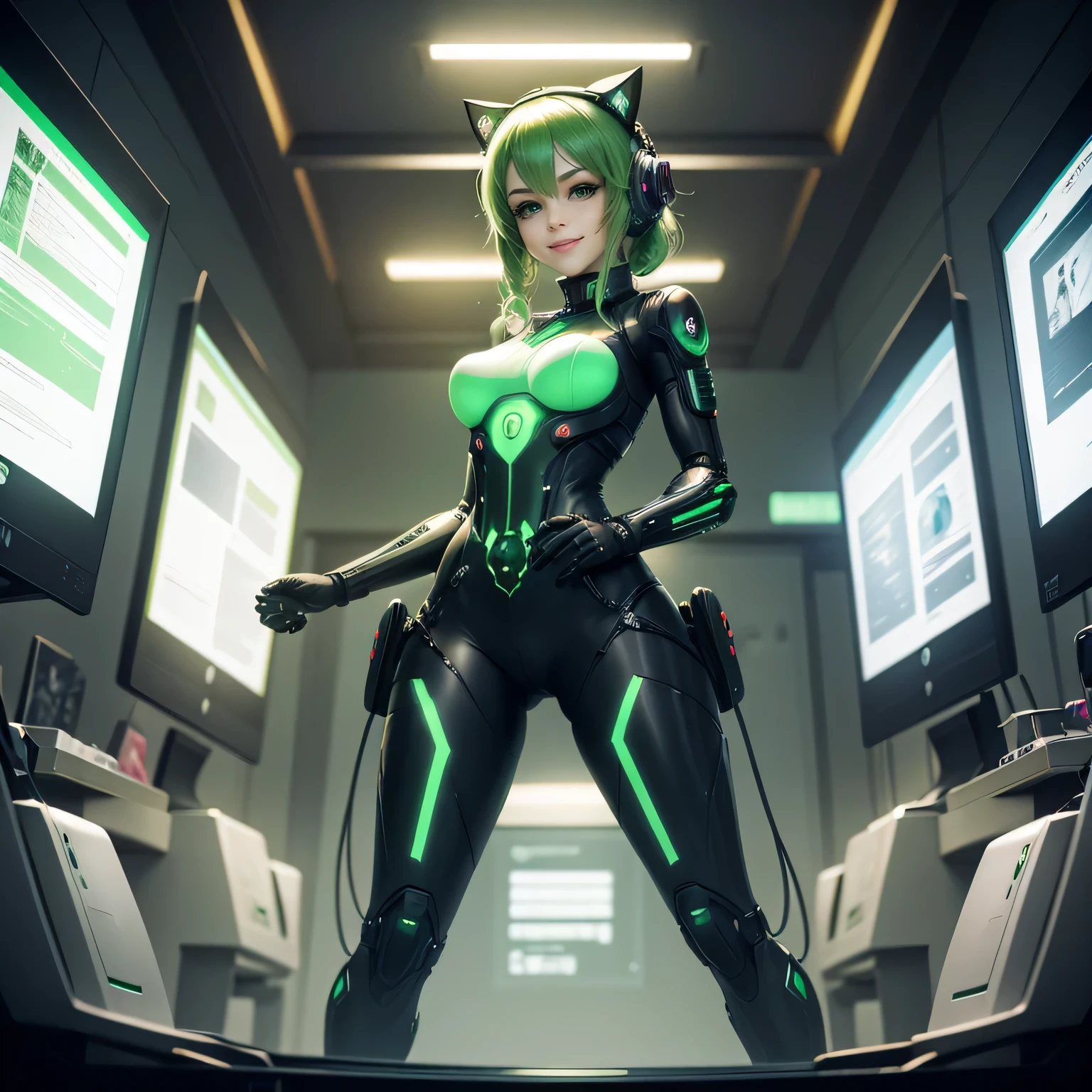 Beautiful woman green eyes with green hair smiling happy girl, wearing full body modest suit, working on computer, looking at display, robotic cat ears, dynamic pose, cyberpunk