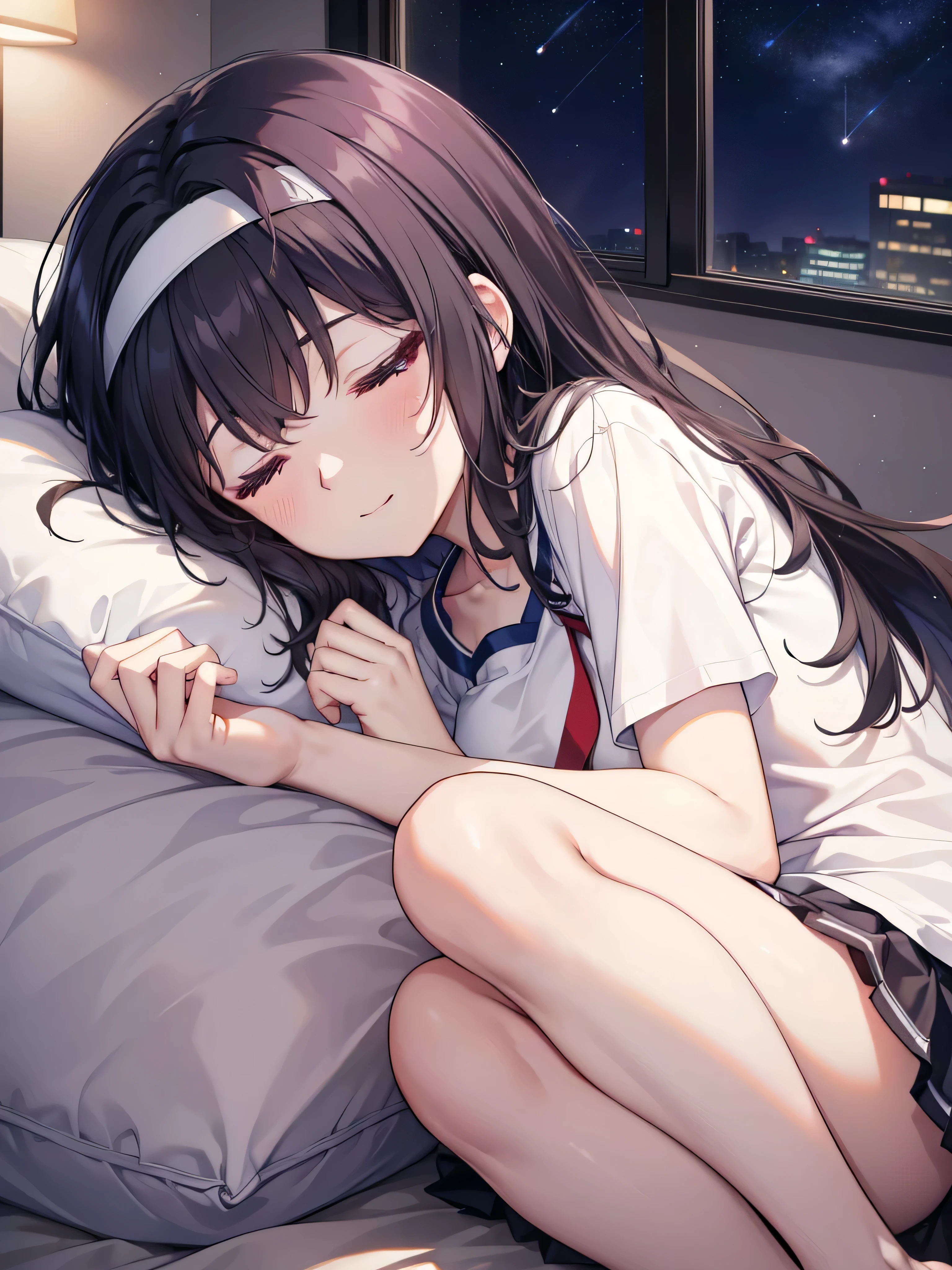 for profit, utaha kasumigaoka, black hair,  long hair, smile,windows，romantic starry sky，Sleeping with both eyes closed,A meteor crosses,T-shirt,Black string underwear,sleeping in bed,night,moonlight,Sleep with your head on the pillow,Sleeping lying on your back in bed,dark room, barefoot　　　　　　　　　　　　　　　　　　
break indoors,Bedroom,
break (masterpiece:1.2), highest quality, High resolution, unity 8k wallpaper, (shape:0.8), highly detailed face, perfect lighting, Very detailed CG, (perfect hands, perfect anatomy), white headband