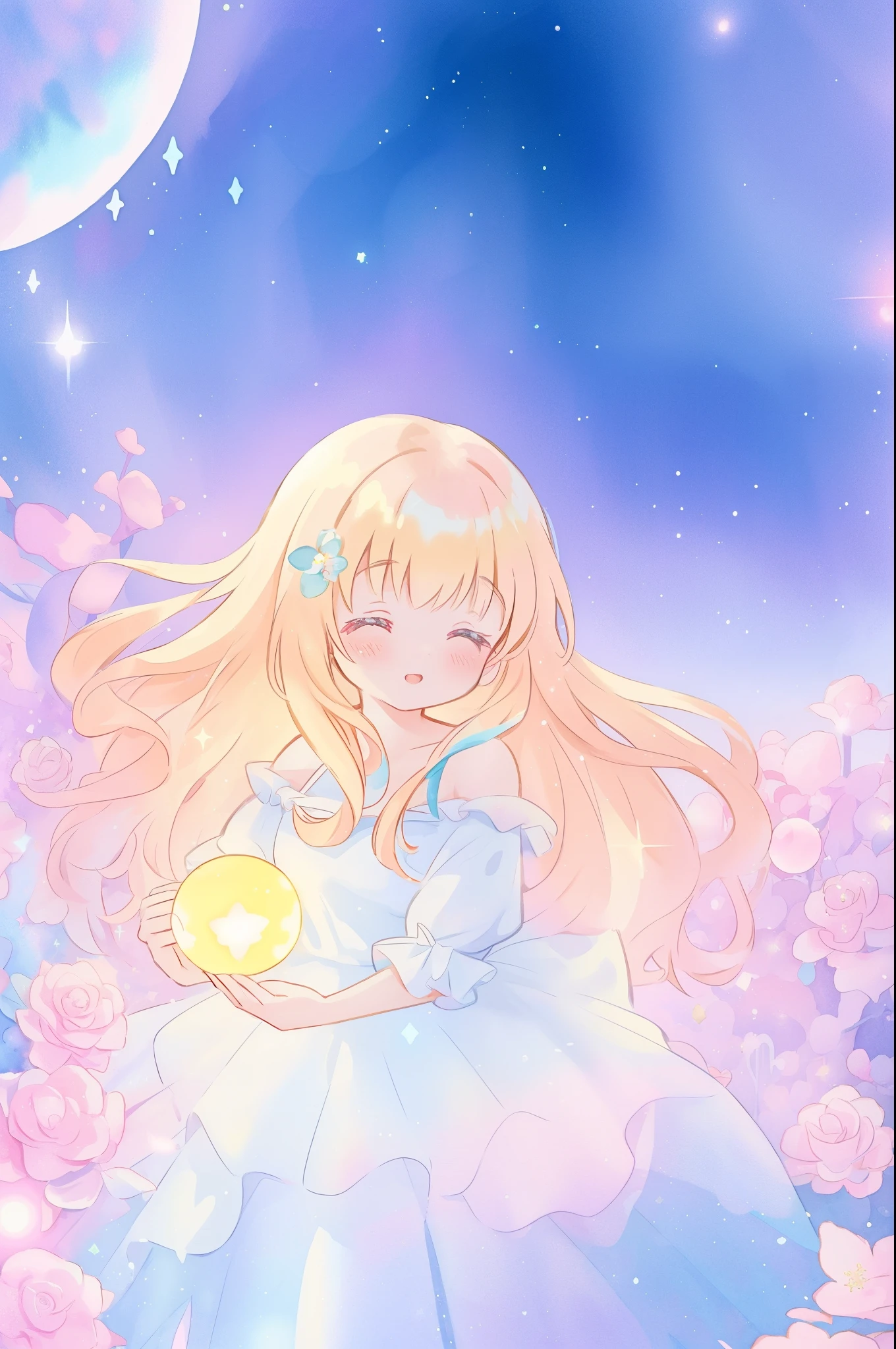 beautiful girl in sparkling white dress holding a magical sphere, ((sparkling puffy layered ballgown)), (magical, whimsical), (glowing magical orb), long flowing colorful hair, colorful fantasia background, watercolor illustration, disney art style, glowing aura around her, glowing lights, beautiful digital illustration, fantasia otherworldly landscape plants flowers, beautiful, masterpiece, best quality, anime disney style