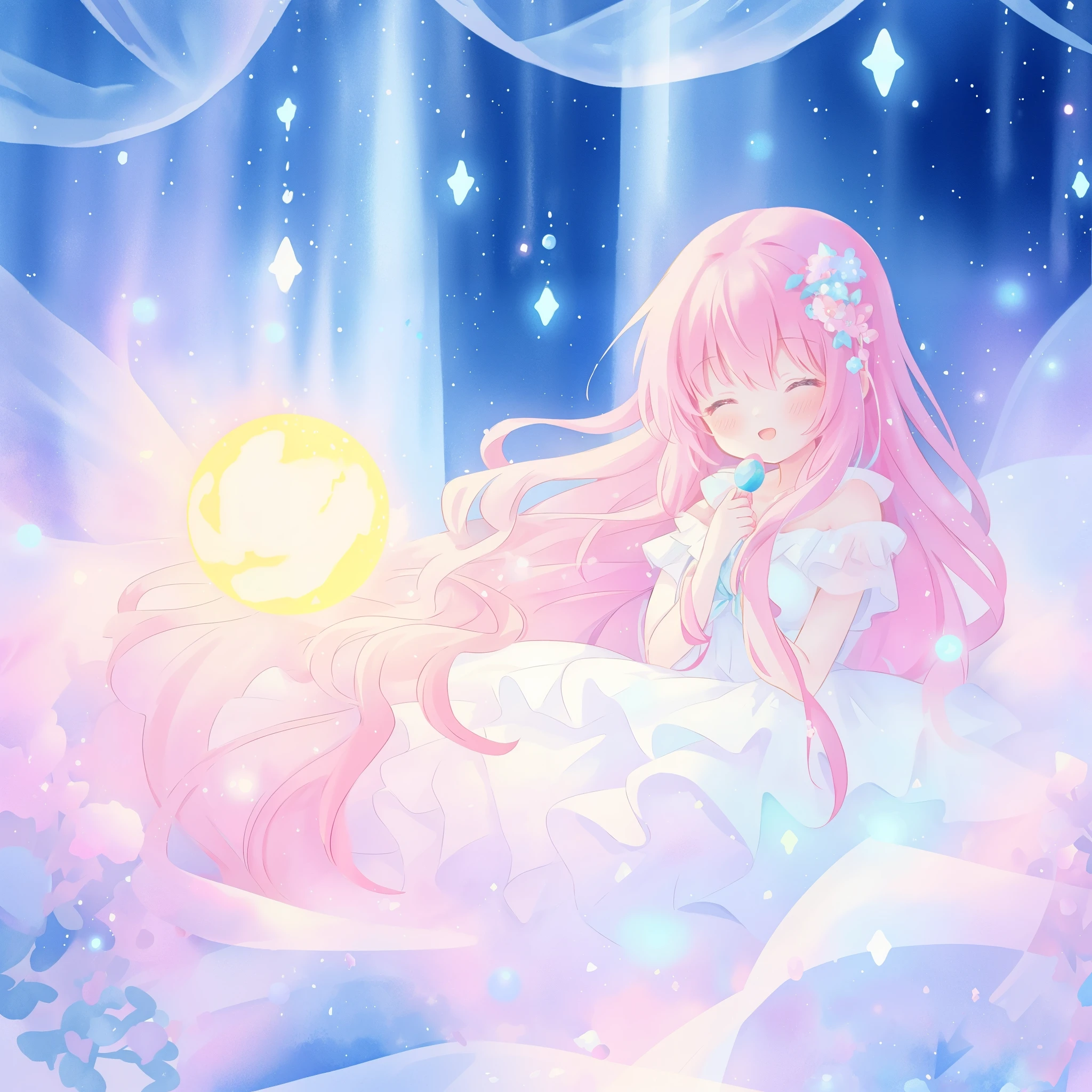 beautiful girl in sparkling white dress holding a magical sphere, ((sparkling puffy layered ballgown)), (magical, whimsical), (glowing magical orb), long flowing colorful hair, colorful fantasia background, watercolor illustration, disney art style, glowing aura around her, glowing lights, beautiful digital illustration, fantasia otherworldly landscape plants flowers, beautiful, masterpiece, best quality, anime disney style