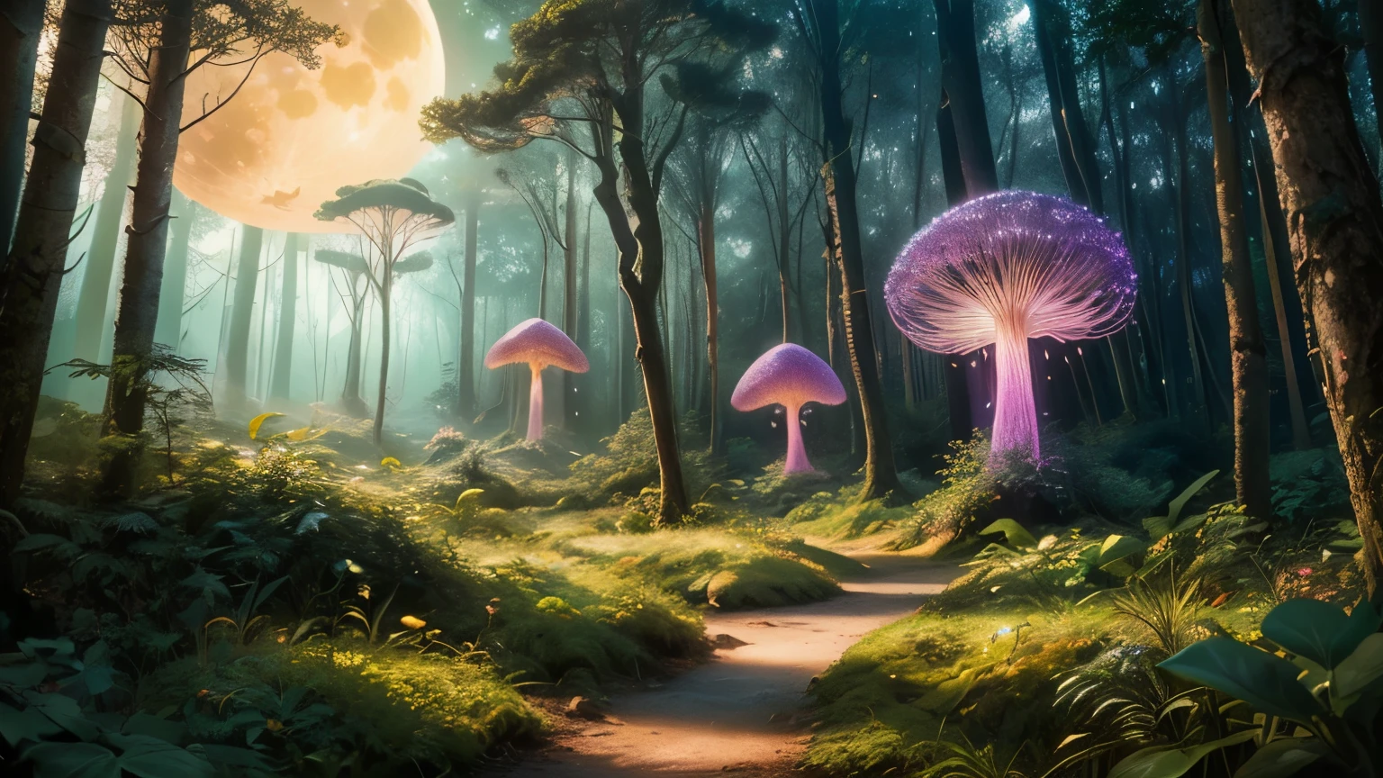 Create an environment of Pandora's forests, a full moon in the sky, where you will find diverse insects, fireflies and luminous life forms that live in peace with the nature of Pandora. mystical and magical forest, a path between enchanted trees, with blue and pink tones, a close-up of a forest with many mushrooms, and flying jellyfish, alien forest, magical fantasy vegetation, strange alien forest, fantasy forest, Jungle Forest alien, Alien Environment, avatar landscape, fairy forest, alien forest in background, alien flora and fauna, magical fantasy forest, rich, diverse and lush alien world, lush alien landscape, enchanted magical fantasy forest, the fantasy forest , magical environment. sharp focus, studio photo, intricate details, highly detailed, ultra hd, realistic, vivid colors, highly colored and illuminated, UHD drawing, pen and ink, perfect composition, beautiful detailed intricate insanely detailed 8k art photography, photorealistic concept art, smooth natural volumetric cinematic perfect light.