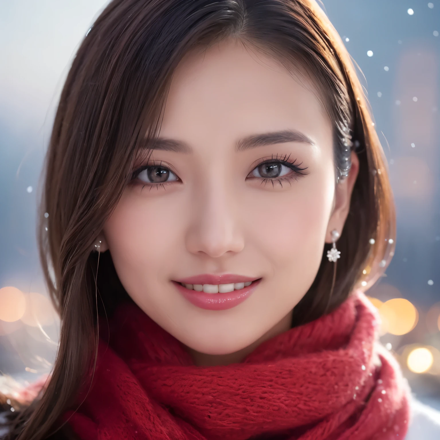 ((highest quality、table top、8K、best image quality、Award-winning work))、one beautiful woman、smile looking at me、(close up of face:1.6)、(The perfect and most natural red long scarf:1.2)、(elegant thick white coat:1.1)、epic movie lighting、(romantic love feelings:1.1)、(The most romantic and moody atmosphere:1.1)、winter city、Snowy landscape in the city、(The snow in the air sparkles finely:1.1)、(It&#39;s snowing heavily:1.1)、(Tyndall effect:1.1)、(Night view of the city with snow falling:1.2)、Shining beautiful skin、(accurate anatomy:1.1)、Ultra high definition beauty face、long eyelashes、natural makeup、ultra high definition hair、Ultra high definition eyes、(超高解像度でShining beautiful skin:1.1)、Super high resolution glossy lips、radiant beautiful skin