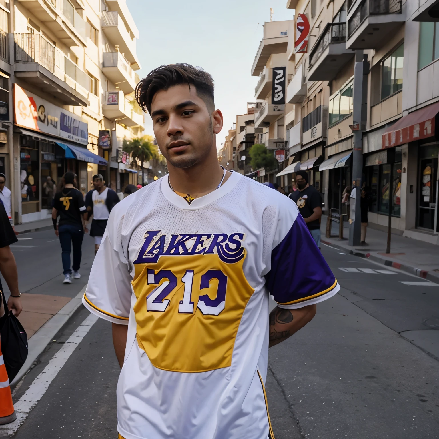 Toro en la calle con jersey de Los Angeles Lakers
