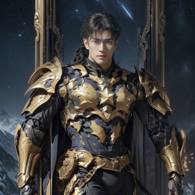 MALE BOY. Use plate armor, intricate design and details, dramatic ligths, Ultra-realistic realism, Kinematic,8k. A handsome muscular young man, (1 man) perfectly proportioned slim body, with luminous golden hair and golden eyes resembling stars, standing at a height of 2 meters. He wears an armor made of unrefined black crystals that seem to contain a galaxy inside, fitting the body of him. He adopts a heroic pose, Look down from the top of a mountain with a serene gaze, while watching an army of demons on the slopes of the mountain. Kinematic, luci, Detailed face. (((Male))) (Muscular male) (Handsome man) , full length shot , big hips , big thighs