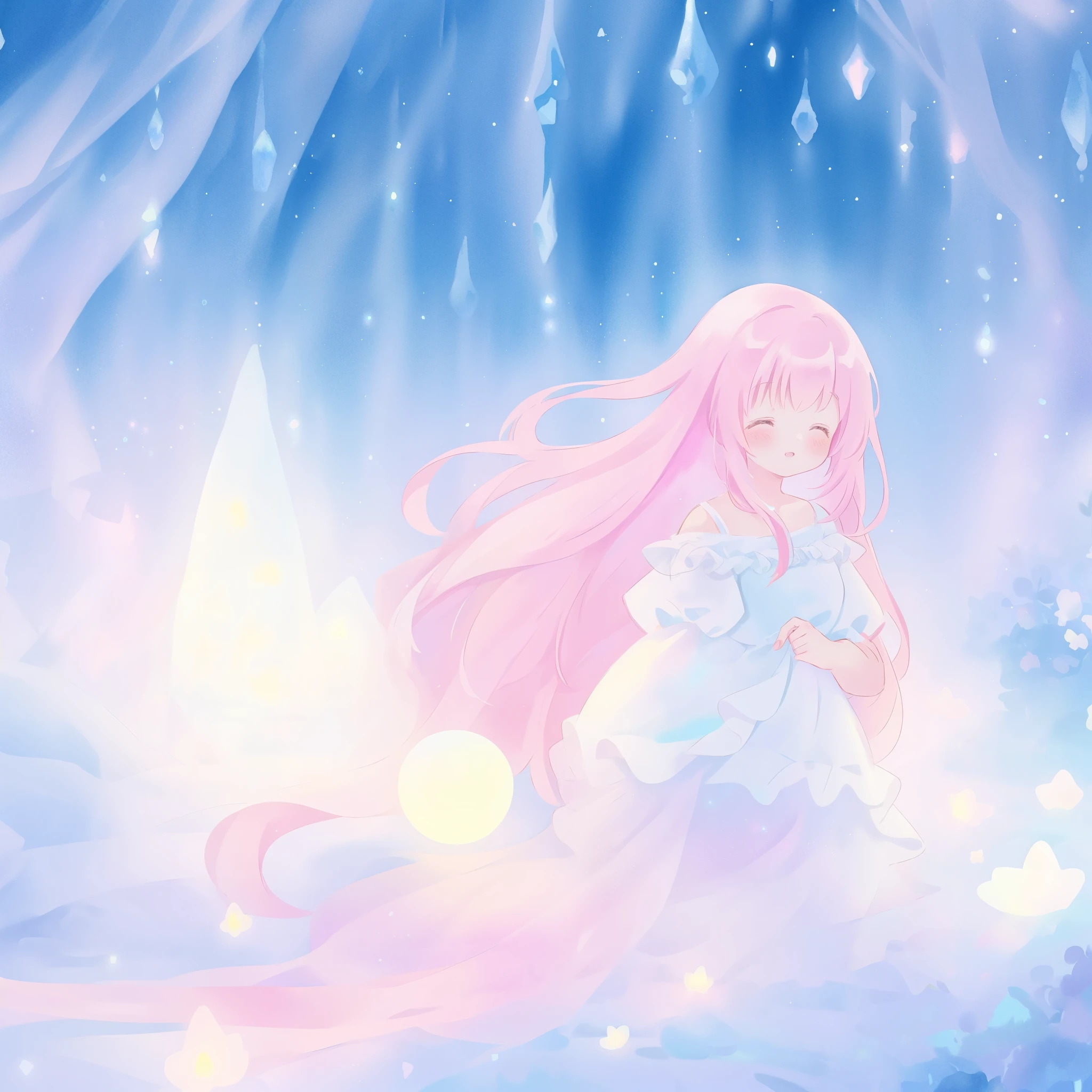 beautiful girl in sparkling white sheer dress, ((sparkling puffy layered ballgown)), (magical, whimsical), (glowing magical light), long flowing colorful hair, colorful fantasia background, watercolor illustration, disney art style, glowing aura around her, glowing lights, beautiful digital illustration, fantasia otherworldly landscape plants flowers, beautiful, masterpiece, best quality, anime disney style