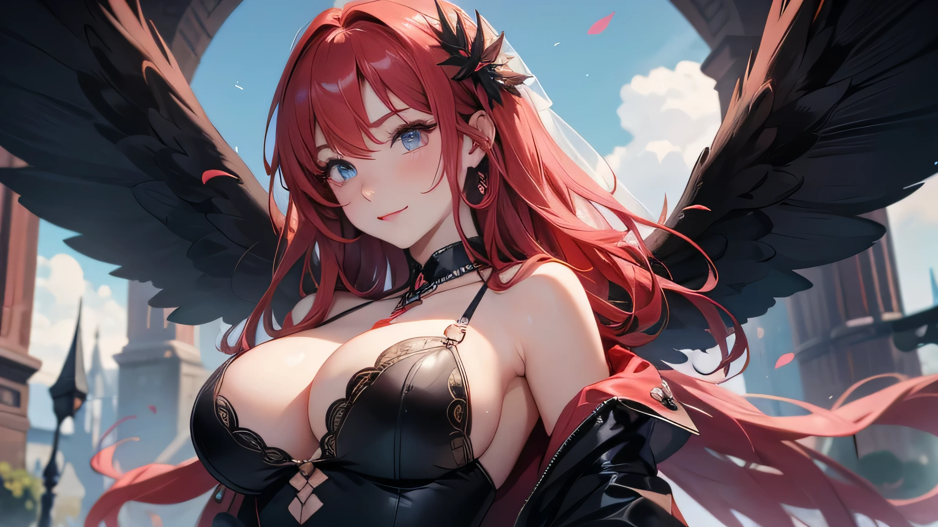 red hair girl, one girl, wedding dress, with black wings, goddess of darkness, black wings, angel, face on camera, tight shirt, show large chest, dark isekai, shy girl, pitiful face, face forward to camera, asking pose, pink cheeks, half body, body on big chain, smile, blue eyes, no nails, pink blushes, lying on grass, very big breast, cleavage, wet breast, leg_up, 4k, smooth, shiny wet cleavage, flapping black wings on her back