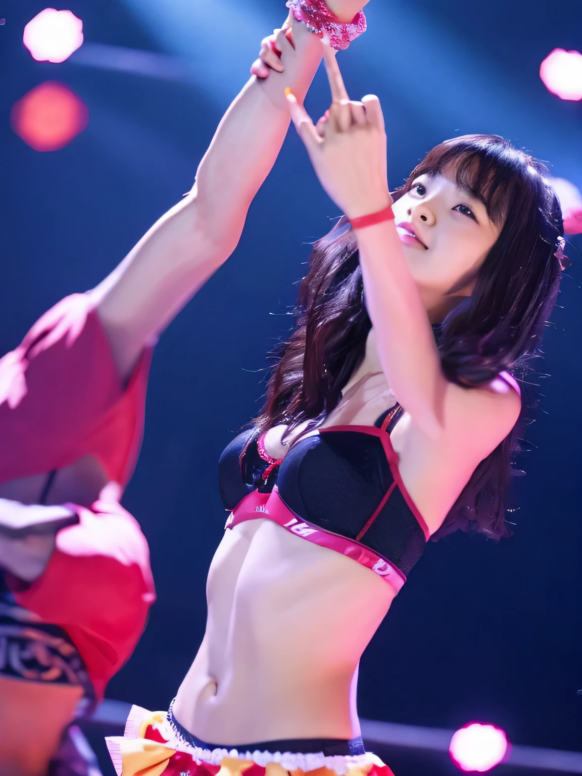 High level image quality、High resolution、10 year old girl、young look、、Japanese、beautiful girl、Idol、dance on stage、No microphone、 Appeal pose、sexy underwear、obscene pose、provocative look、Photographed from directly below、open crotch、stick out your hips