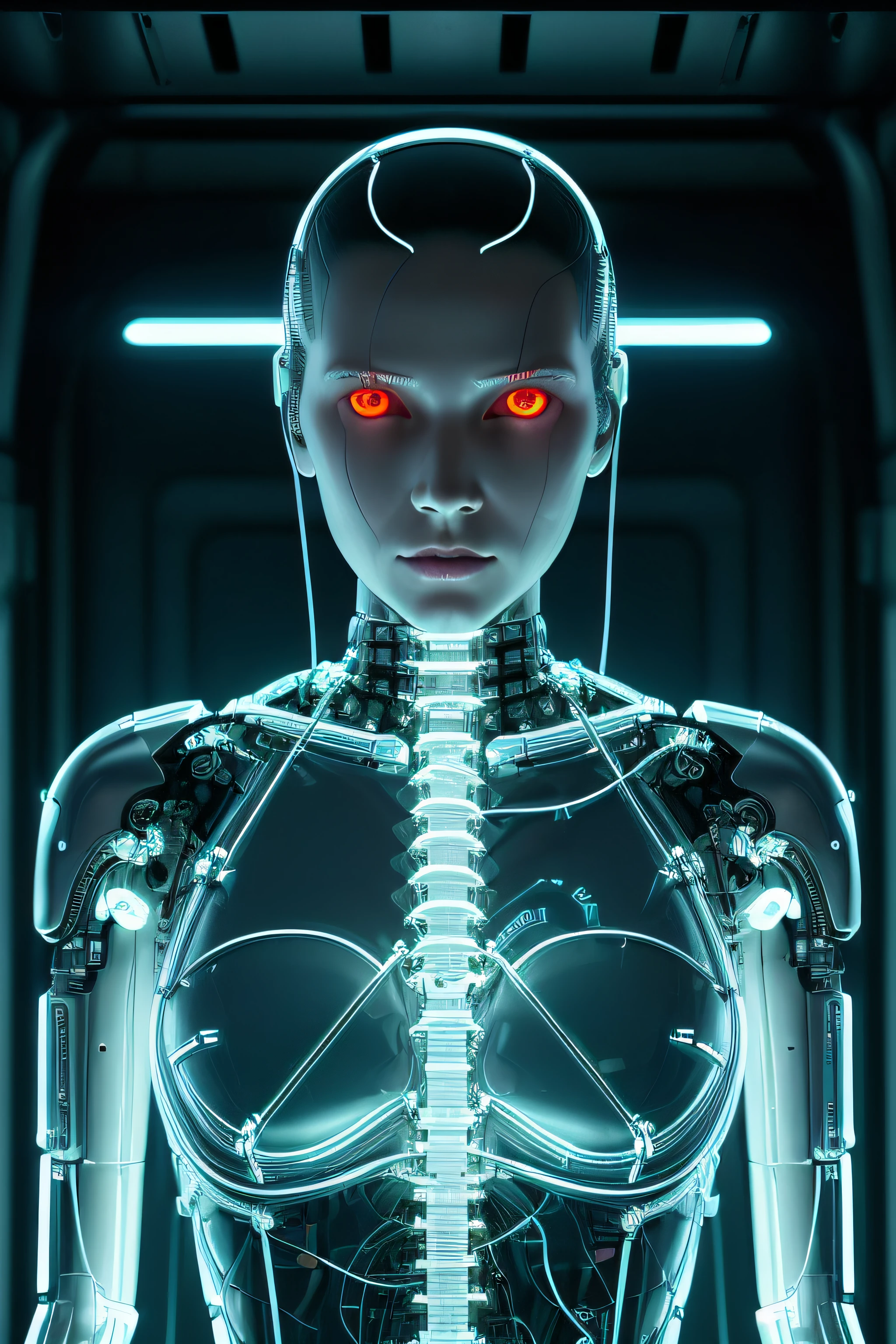 mulher ciborgue, ((Corpo de vidro transparente, olhos brilhantes))), Electronic systems inside the body clear to see, Detailed Brain in Sight, Detailed connection wire, mechanical members, tubes connected to mechanical parts, Mechanical vertebrae attached to the spine, mechanical cervical fixation to the neck, Wires and cables connected to the head, (((LED on a surgical bed))), (((Cabos conectados a monitores))), (((machine installing parts in the head))) | biopunk | cybernetics | Ciberpunk | | Canon M50| 100mm| sharp focus | hiperrealismo | muito detalhado| detalhes intrincados | Full body view, small bright LED lamps, Bright red neon highlights, world illumination, sombras profundas, octane rendering, 8k, Ultra sharp, metal, Detalhes intrincados do ornamento, detalhes barrocos, Detalhes muito intrincados, luz realista, CGSoação Trend, facing the camera, neon details, (Android factory in the background)