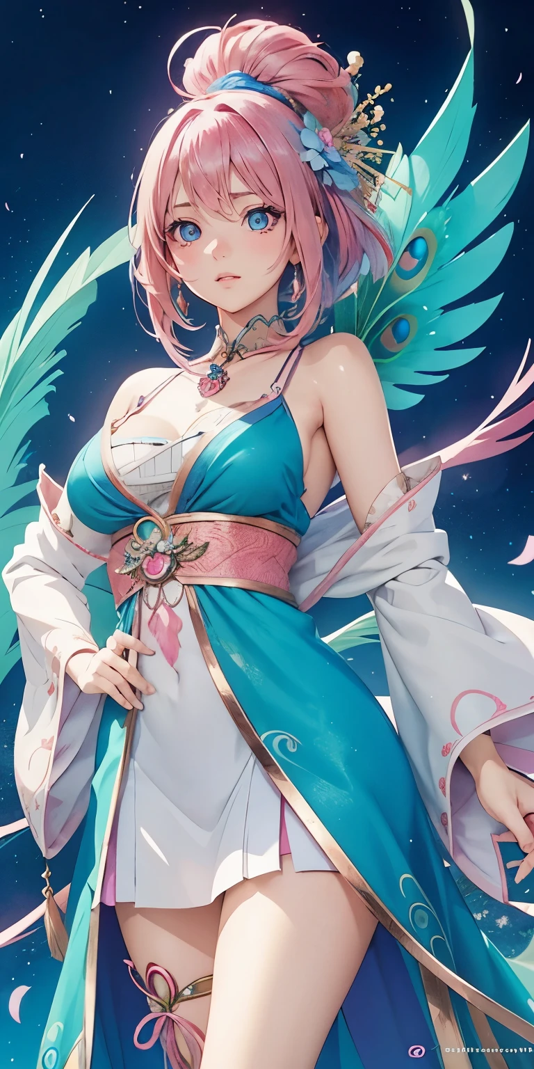 Girl with blue and pink hair and peacock feathers, inspired by Nari Hiko-kun, cgsociety, 🌺 Anime style. 8 k, Anime style 3D, popular on CGSTATION, 8 k high quality detail art, Works in the style of Gouweiz, fantasy art style, realistic anime 3D style, anime inspiration, Anime style mixed with Fujifilm
