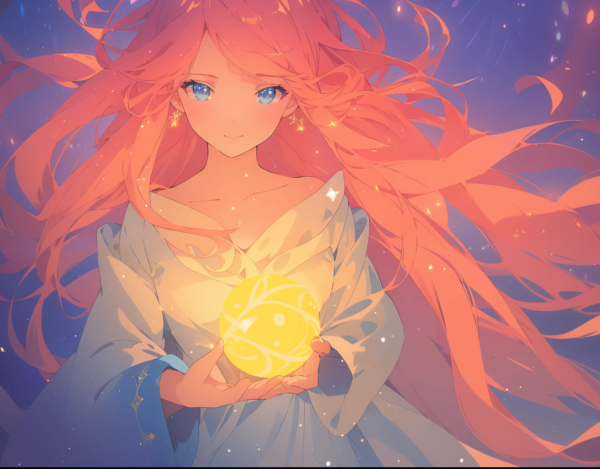 beautiful young girl in a long flowing sleeve dress, long flowing hair, beautiful girl holding a glowing golden ball of light, sparkling blue eyes, colorful fantasia background, watercolor illustration, disney art style, glowing aura around her, glowing lights, beautiful digital illustration, fantasia otherworldly landscape plants flowers, beautiful, masterpiece, best quality, anime disney style