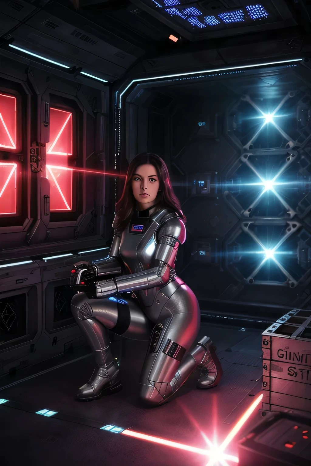 Burnette female in silver space suit crouching behind a futuristic crate in a space station. she is holding a laser gun waiting to shoot gild and black robots firing lasers and  approaching. realistic, scifi, neon