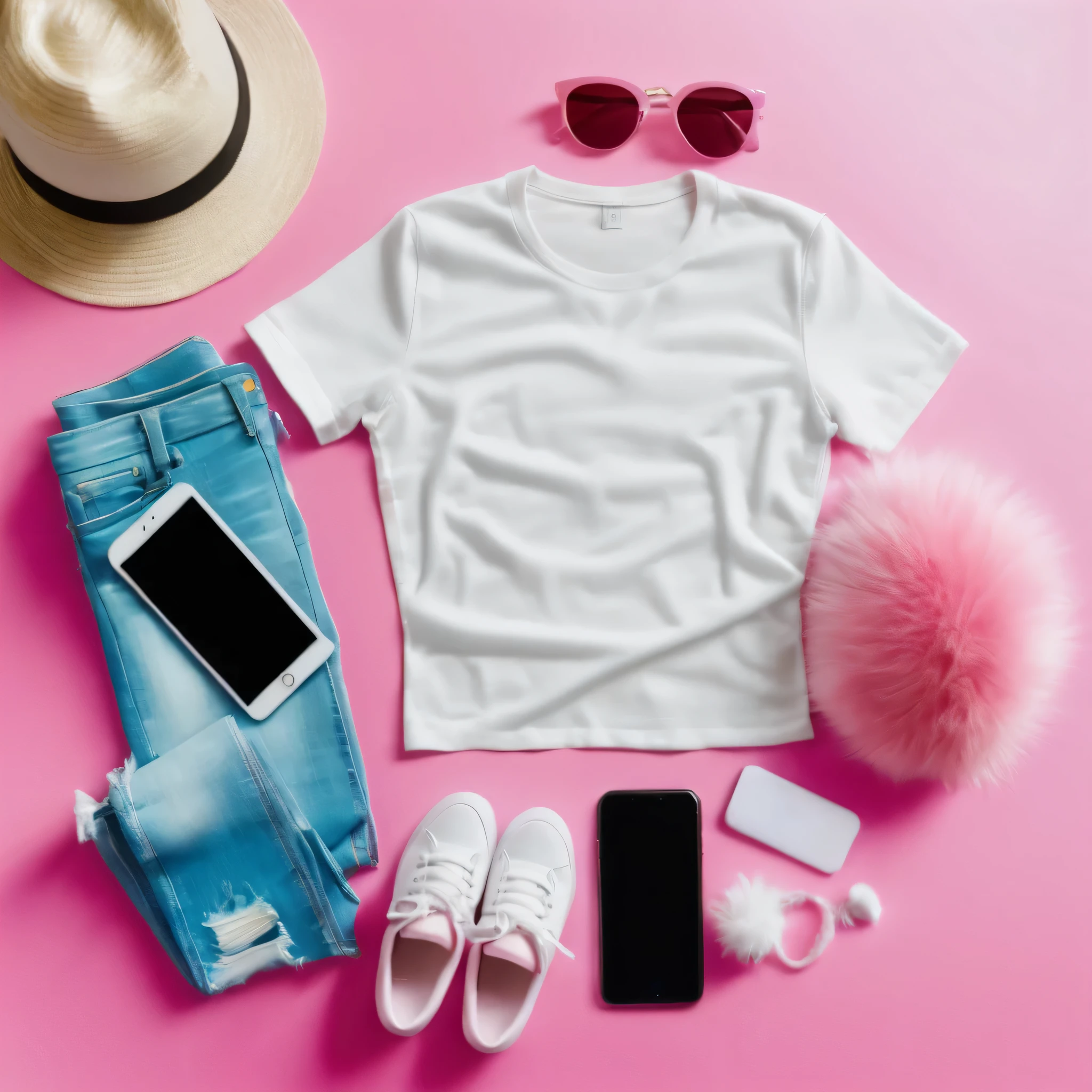 Create T-shirt mockup, top view, white T shirt lying on a pink furry curpet, jeans, lipstick, Ladis sunglass, Hat, Smart Phone around the T-Shirt, on the pink furry curpet, Flat background, half sleeve T-shirt, crew neck design,