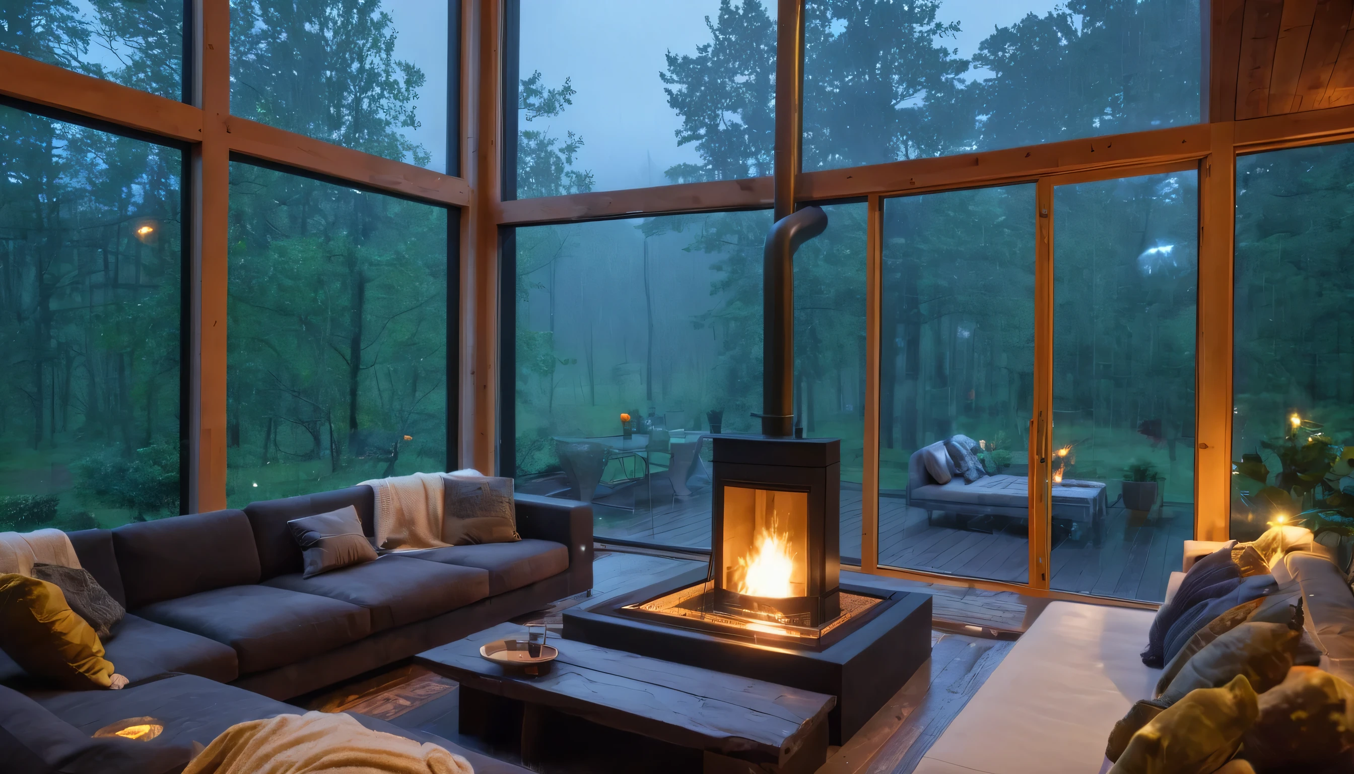 Ambiente aconchegante de uma casa com grande janela, uma lareira, comfortable sofas. It's night and it's raining hard outside, with a forest surrounding the area.