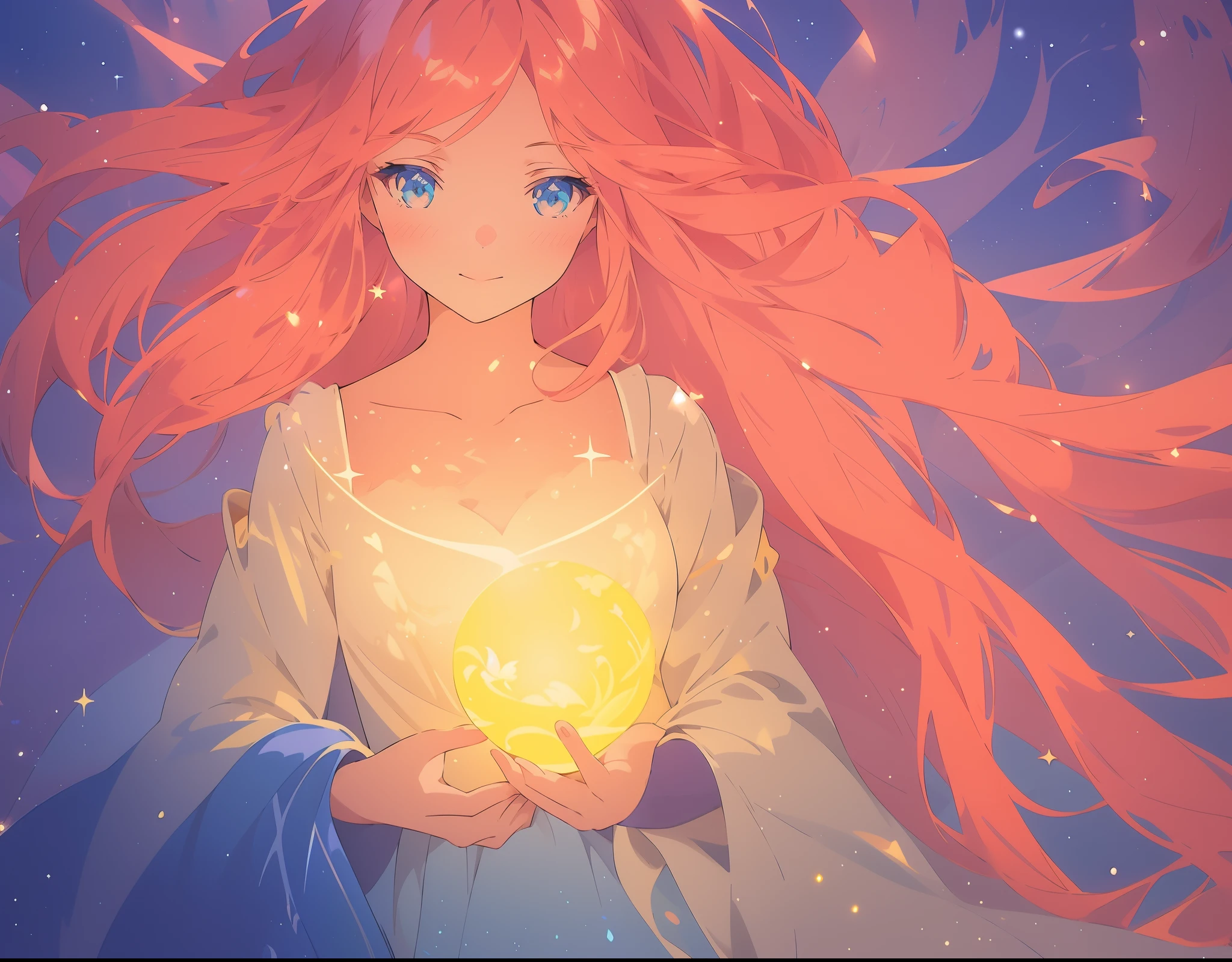 beautiful young girl in a long flowing sleeve dress, long flowing hair, beautiful girl holding a glowing golden ball of light, sparkling blue eyes, colorful fantasia background, watercolor illustration, disney art style, glowing aura around her, glowing lights, beautiful digital illustration, fantasia otherworldly landscape plants flowers, beautiful, masterpiece, best quality, anime disney style