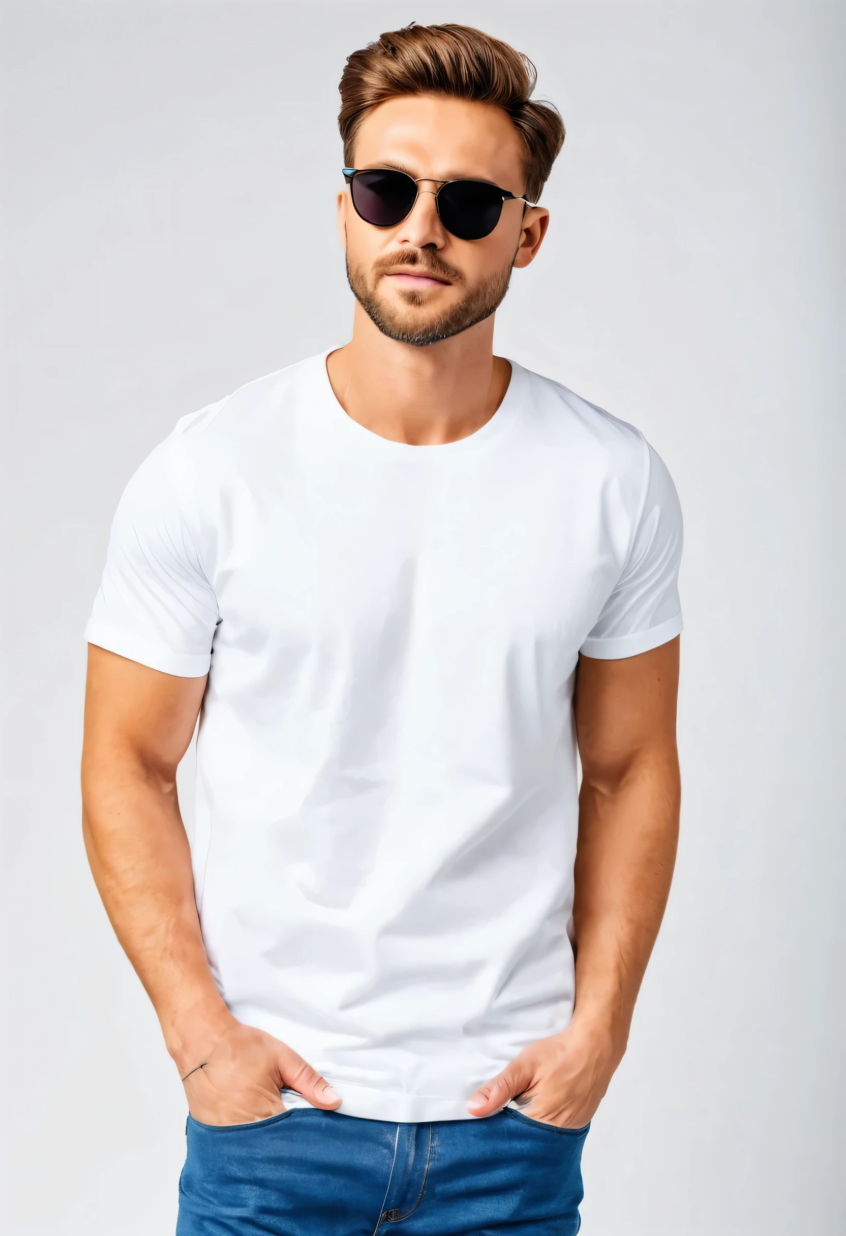 A man wearing white color t-shirt, plain clean white T-shirt, blue jeans, black sunglass, handsome man, mockup, polyester and cotton fabric, front view, white t-shirt, boho city background, boho, Flat white background, half sleeve white t-shirt, crew neck design,