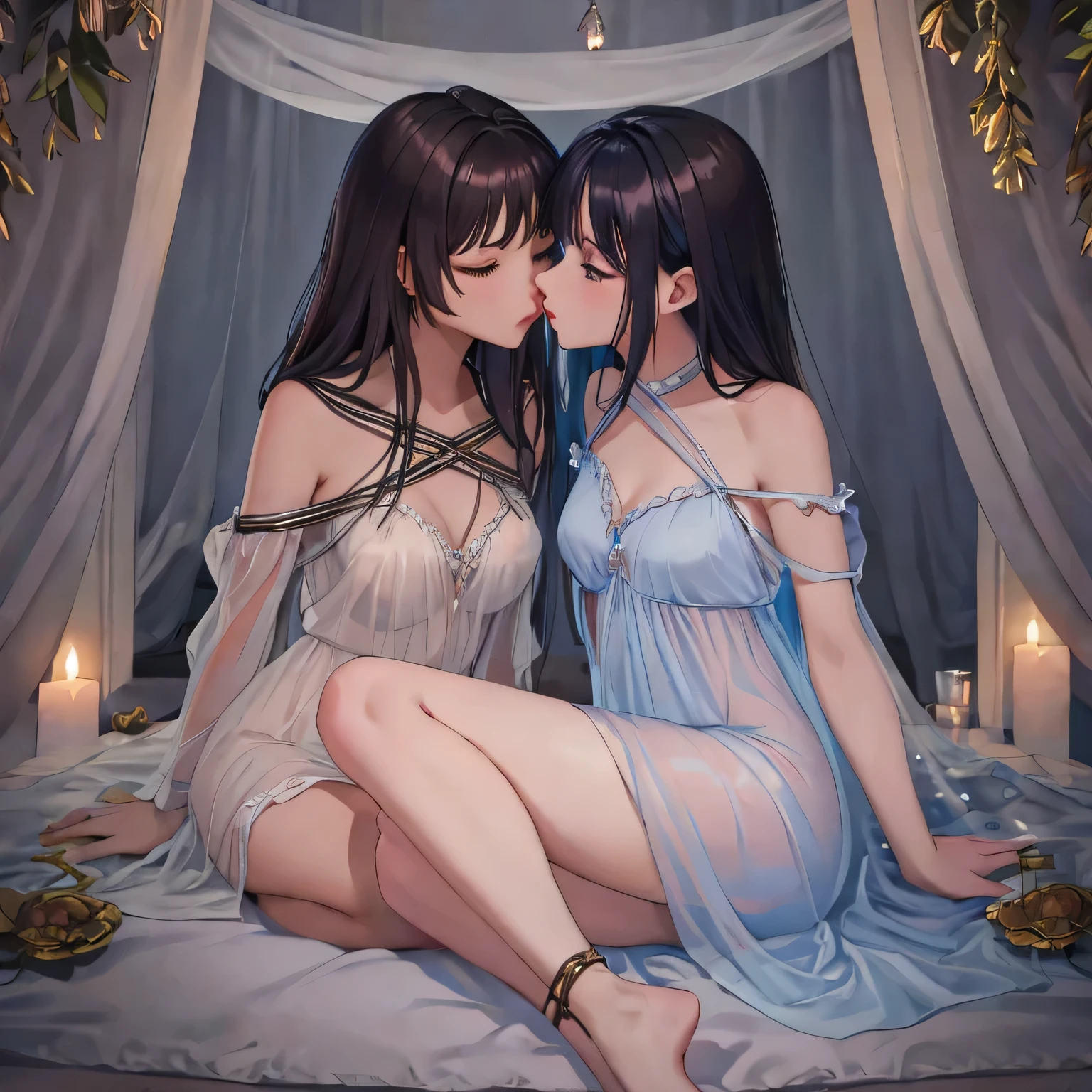 two girl kissing,,(bright lighting,romantic setting),dreamy background,,dark hair, mesmerizing gaze, , soft skin, alluring beauty, artistic portrait, high-quality image, vibrant colors,translucent long silk gown, mosquito net, lying down, romantic bedroom,bondage ,bondage
in box
full body
lying on side
bound
arms behind back