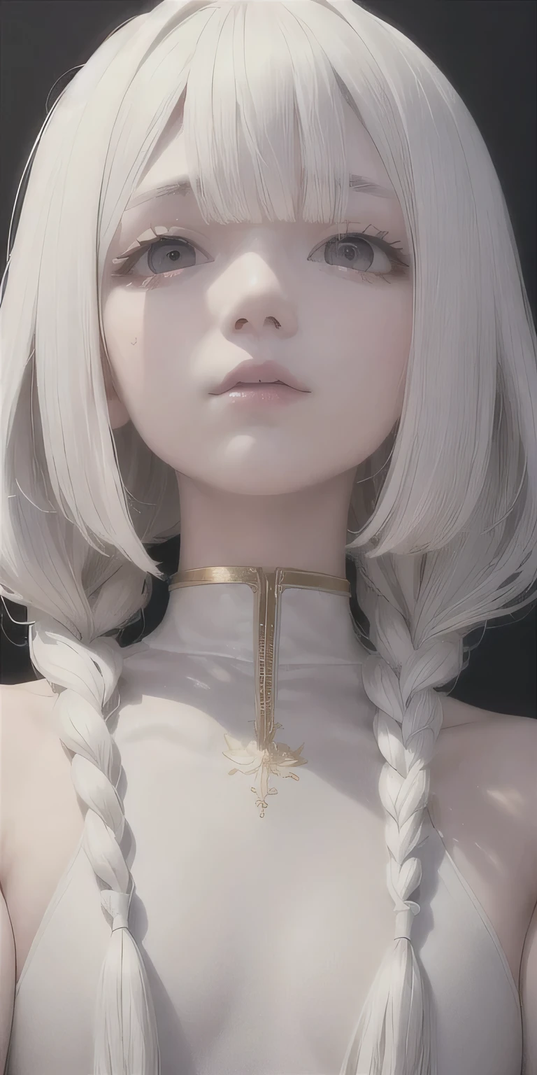 best quality, masterpiece,white hair, gold eyes,white clothes, looking up, upper body,hair strand,Fair skin,side braids